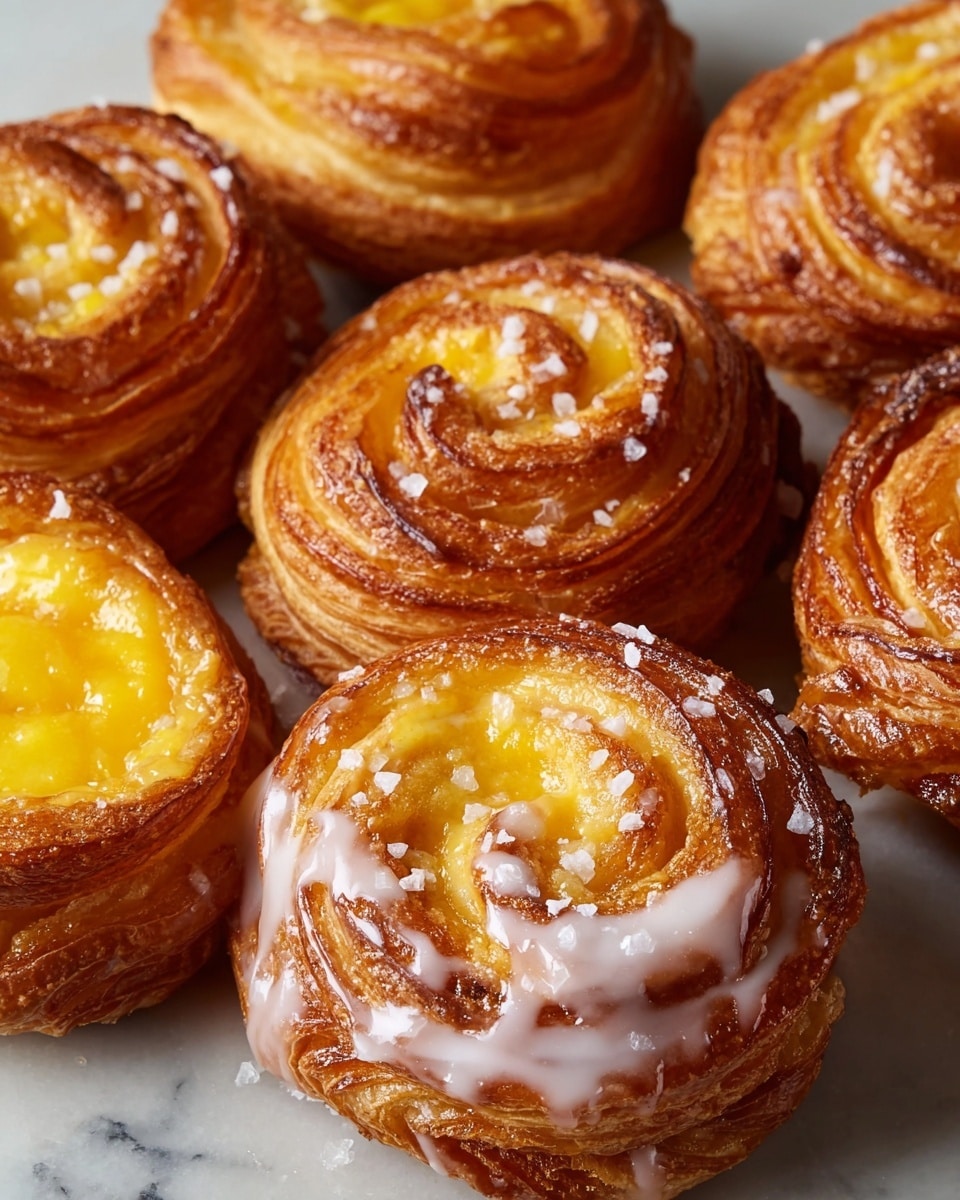 The image shows several golden-brown swirled pastries with a flaky, crispy texture, each shaped like a round spiral with multiple visible layers. The outer layers are a deep caramelized brown, while the inside layers are softer with a bright yellow custard filling peeking through. One pastry on the lower right has a glossy white icing drizzled over the top, contrasting with the shiny yellow custard and the brown, crispy pastry layers. Some pastries also have a sprinkling of white sea salt flakes on top, adding texture and sparkle. The pastries sit closely together on a surface with a white marbled texture, giving a clean and bright look. photo taken with an iphone --ar 4:5 --v 7