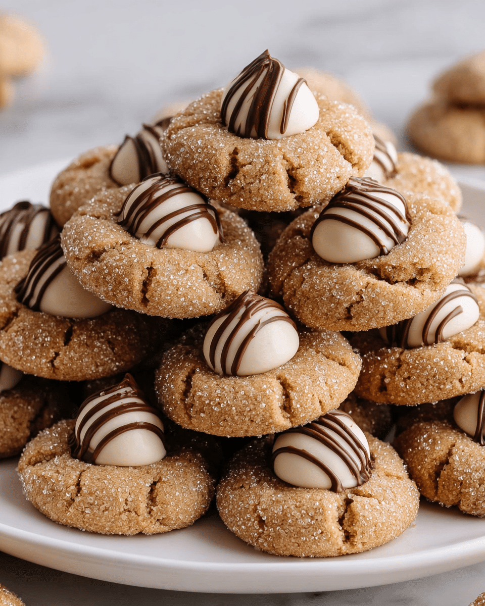 A white plate is stacked high with small round cookies that have a rough light brown surface covered with large sugar crystals, giving them a sparkling texture. Each cookie has a central indentation holding a white chocolate kiss with dark brown stripes swirling around it, sitting upright. The cookies are closely packed in several layers, showing cracked tops and a crumbly texture. The background is a white marbled texture. photo taken with an iphone --ar 4:5 --v 7