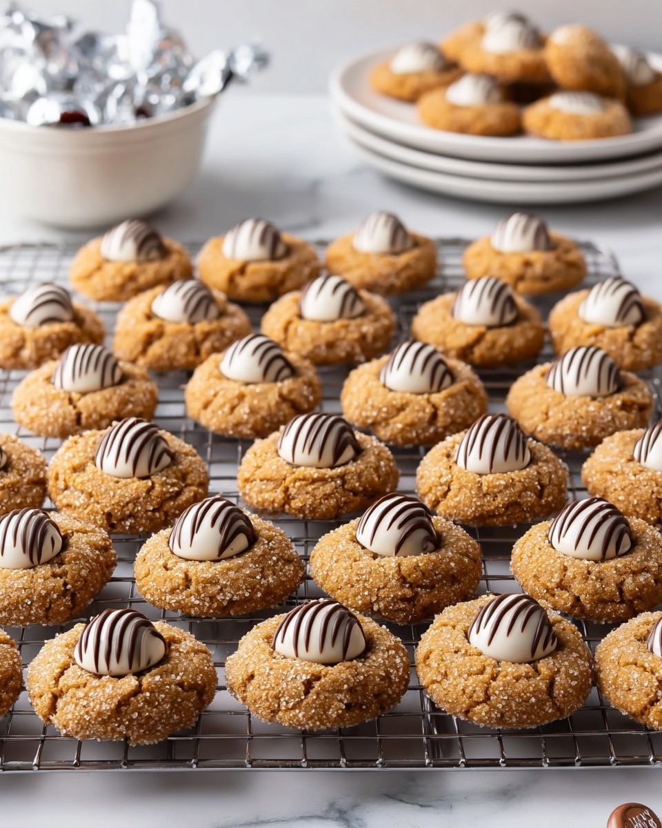 The image shows a cooling rack filled with three rows of round, golden brown cookies, each topped with a white chocolate Hershey’s kiss with dark brown stripes centered on top. The cookies have a rough, sugar-coated texture with visible sugar crystals on the surface. The rack is placed on a white marbled surface. In the background, there is a white bowl with some wrapped chocolate candies on the left and a white stacked plate holding more cookies on the right. The lighting is bright, highlighting the texture of the cookies and chocolates. photo taken with an iphone --ar 4:5 --v 7