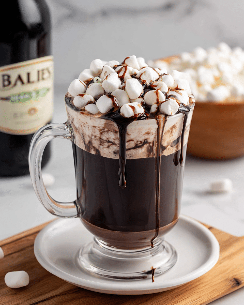 A clear glass mug filled with three layers, the bottom layer is dark chocolate drink, the middle layer is a thin layer of melted chocolate mixing with the drink at the top edge, and the top layer is a pile of small white marshmallows almost overflowing the mug. Dark chocolate syrup is drizzled over the marshmallows, with some syrup flowing down the side of the mug. The mug is placed on a white plate, which is on a wooden board. The background shows a black bottle and a wooden bowl filled with more marshmallows, all set against a white marbled surface. Photo taken with an iphone --ar 4:5 --v 7