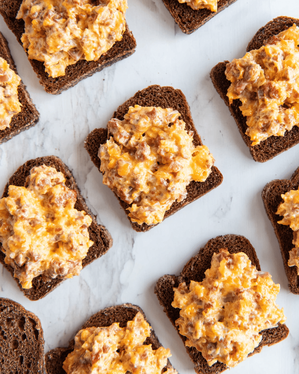 Several small open-faced sandwiches are arranged on a white marbled surface. Each sandwich has a base layer of dark brown rye bread squares. On top of each bread square, there is a thick, uneven layer of a creamy, chunky spread that is orange with bits of brown, likely a cheese and meat mix. The spread looks slightly baked, giving it a textured, golden-brown crust in some spots. The sandwiches are placed close to each other in a loose grid. photo taken with an iphone --ar 4:5 --v 7