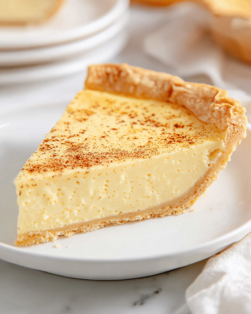 A single slice of custard pie is shown on a white plate. The pie has two layers: the bottom layer is a thin, light golden crust with a slightly crumbly texture, and the top layer is a thick, creamy custard filling in a pale yellow color, speckled lightly with brown from nutmeg or cinnamon. The surface of the custard is smooth with a faint golden brown spot near the center. The pie's edge crust is slightly raised and crimped, adding a rustic touch. The plate rests on a white marbled surface, and there is a soft, out-of-focus background with warm tones, including another white plate near the edge. photo taken with an iphone --ar 4:5 --v 7