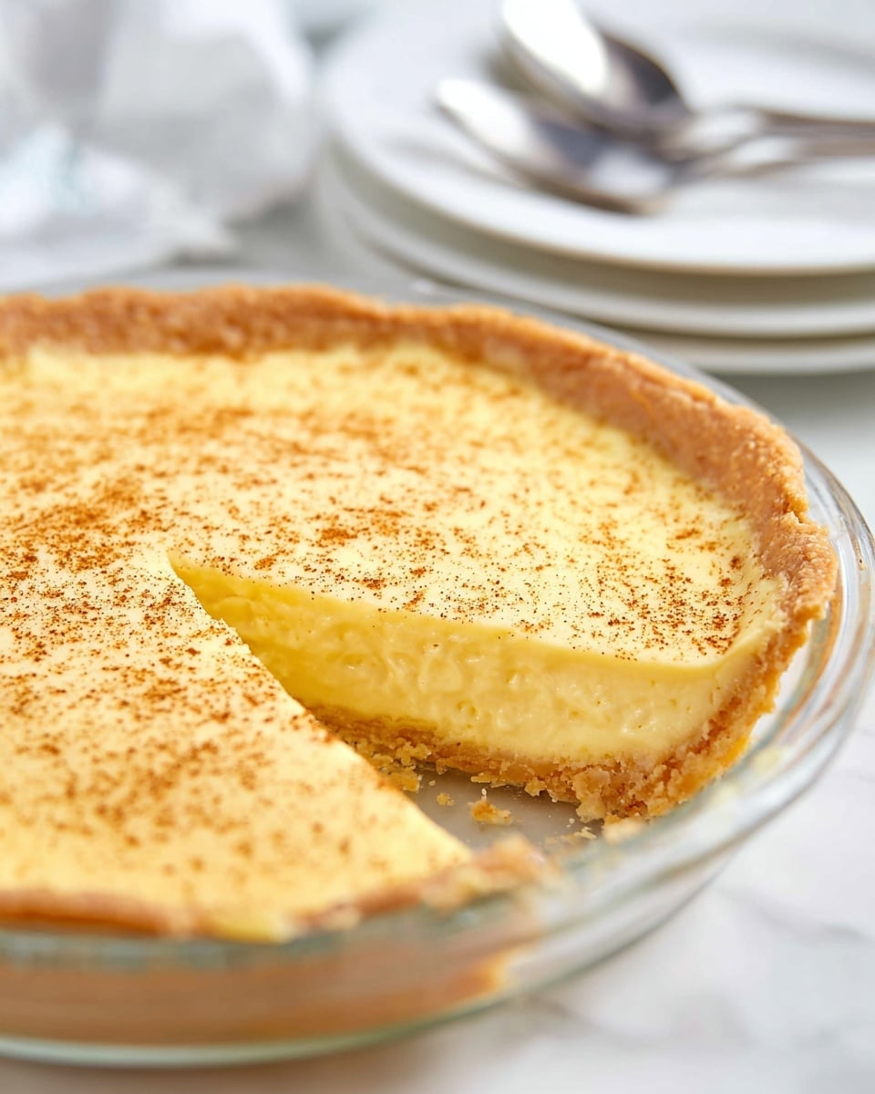 A creamy pie with a golden-yellow top layer sprinkled with a light dusting of brown spice, showing a smooth, pale yellow middle custard layer and a light golden crust along the bottom and edges, all set in a clear glass pie dish placed on a white marbled surface. In the background, there is a stack of white plates with some spoons on top, slightly blurred. One slice is cut out and slightly pulled away from the pie, showing the thickness of the creamy filling inside. Photo taken with an iphone --ar 4:5 --v 7