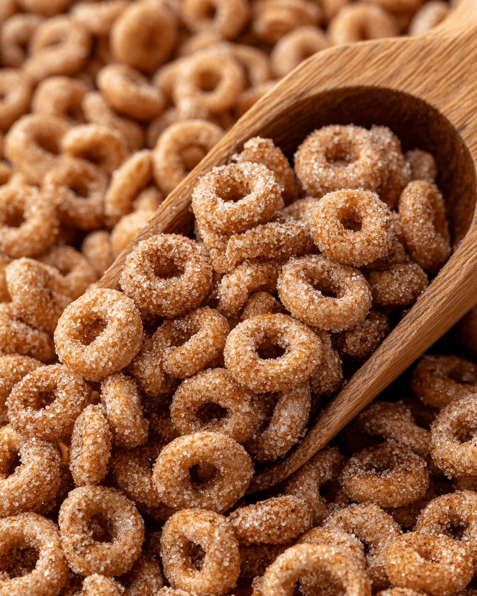 A close-up view of many small, round, light brown cereal loops coated with sparkling granules of sugar and cinnamon. The cereal is heaped closely together with a wooden scoop partially buried in the cereal, its warm brown wood grain visible and curved to hold the cereal. The loops show a crunchy texture with the sugar and spice coating clearly visible. The whole scene is set against a white marbled texture. photo taken with an iphone --ar 4:5 --v 7