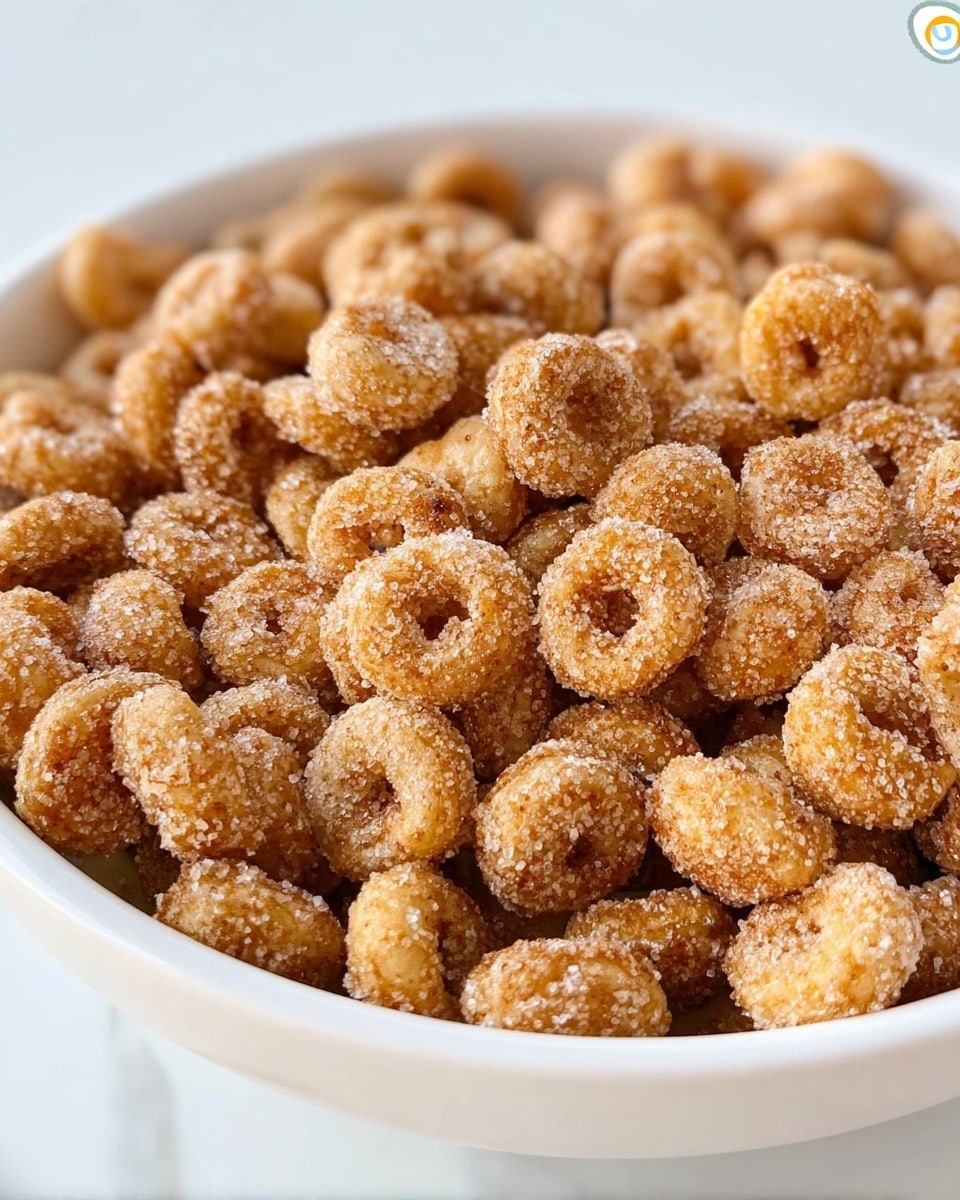 A close-up image of a white bowl full of small round cereal pieces coated with a light layer of cinnamon and sugar crystals, showing varied light brown and golden colors with a textured sugary surface, all set against a white marbled texture background. photo taken with an iphone --ar 4:5 --v 7