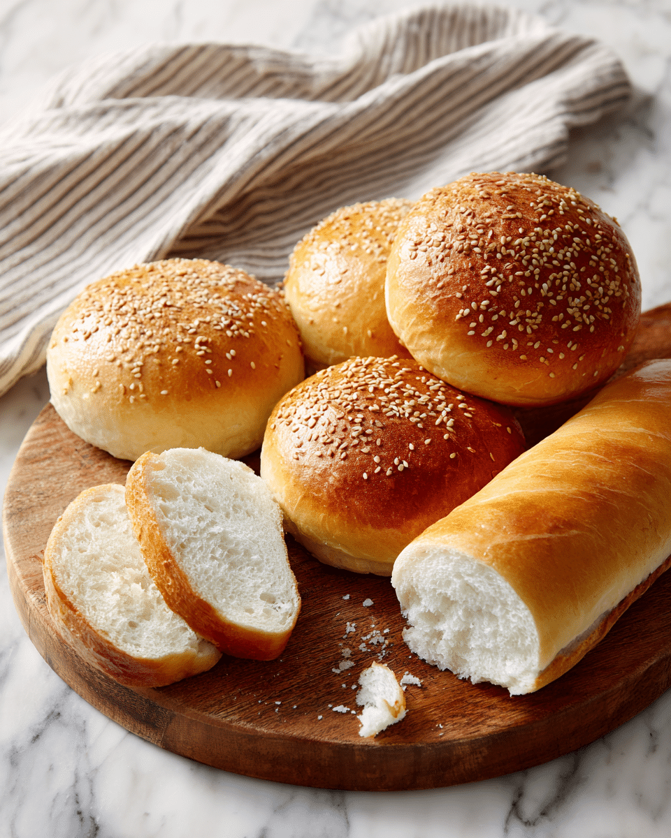 A round wooden board holds a variety of bread on a white marbled surface. There are five bread pieces: three soft, round buns topped with sesame seeds, showing their golden brown crust and light, fluffy inside on one sliced bun; two long, smooth bread rolls with a light golden crust, one of them cut open lengthwise revealing a soft white middle. A beige and white striped cloth is casually placed in the top left corner. photo taken with an iphone --ar 4:5 --v 7