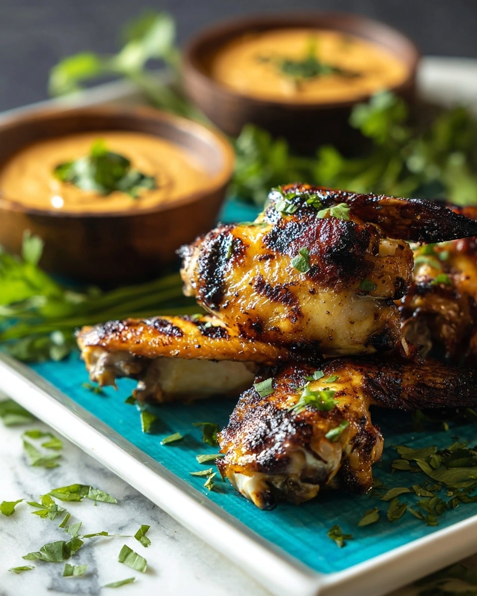The image shows a close-up of three grilled chicken wings stacked on a white rectangular plate with a turquoise center. The chicken wings are mostly golden brown with some dark charred spots, giving a crispy texture, and are garnished with small green herb leaves scattered on top and around them. In the background, there are two small wooden bowls filled with a creamy orange sauce, each topped with a small green herb. Fresh green herbs also surround the plate, contrasting with the white marbled surface underneath. The image captures the details of the crispy skin and fresh herbs beautifully. Photo taken with an iphone --ar 4:5 --v 7