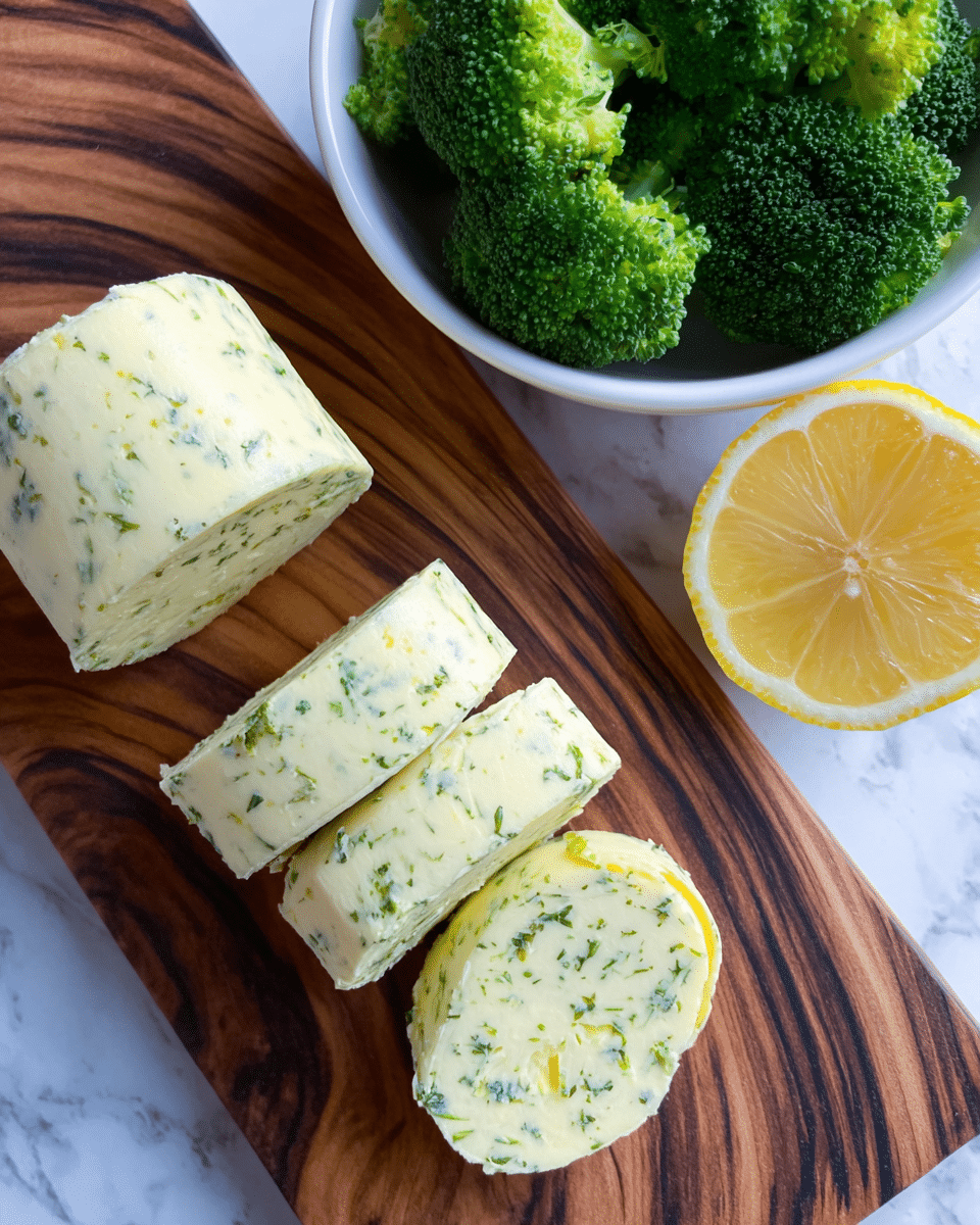 The image shows four thick slices of pale yellow butter with green herb flecks spread evenly throughout, arranged in a slightly overlapping line on a wooden board with dark swirling grain patterns. To the top left, there is a white bowl filled with tightly packed bright green broccoli florets. To the right of the butter, a half lemon with vivid yellow skin and visible juicy segments is placed on a white marbled surface. The overall setting is bright and fresh. photo taken with an iphone --ar 4:5 --v 7