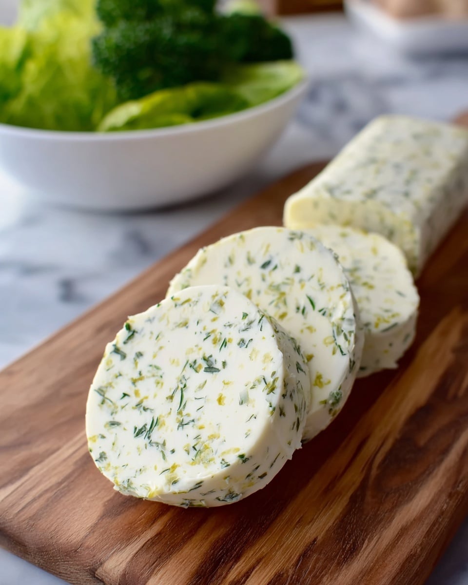 The image shows four round slices of herb butter placed in a row on a wooden cutting board with visible wood grain. Each slice has a creamy white base with small bits of green and yellow herbs scattered evenly throughout, giving a speckled texture. The front slice is fully visible, the others slightly overlapping behind it. In the background, there is a white bowl filled with fresh green lettuce, sitting on a white marbled surface. The scene is softly lit, emphasizing the smooth butter texture and vibrant herb colors. Photo taken with an iphone --ar 4:5 --v 7