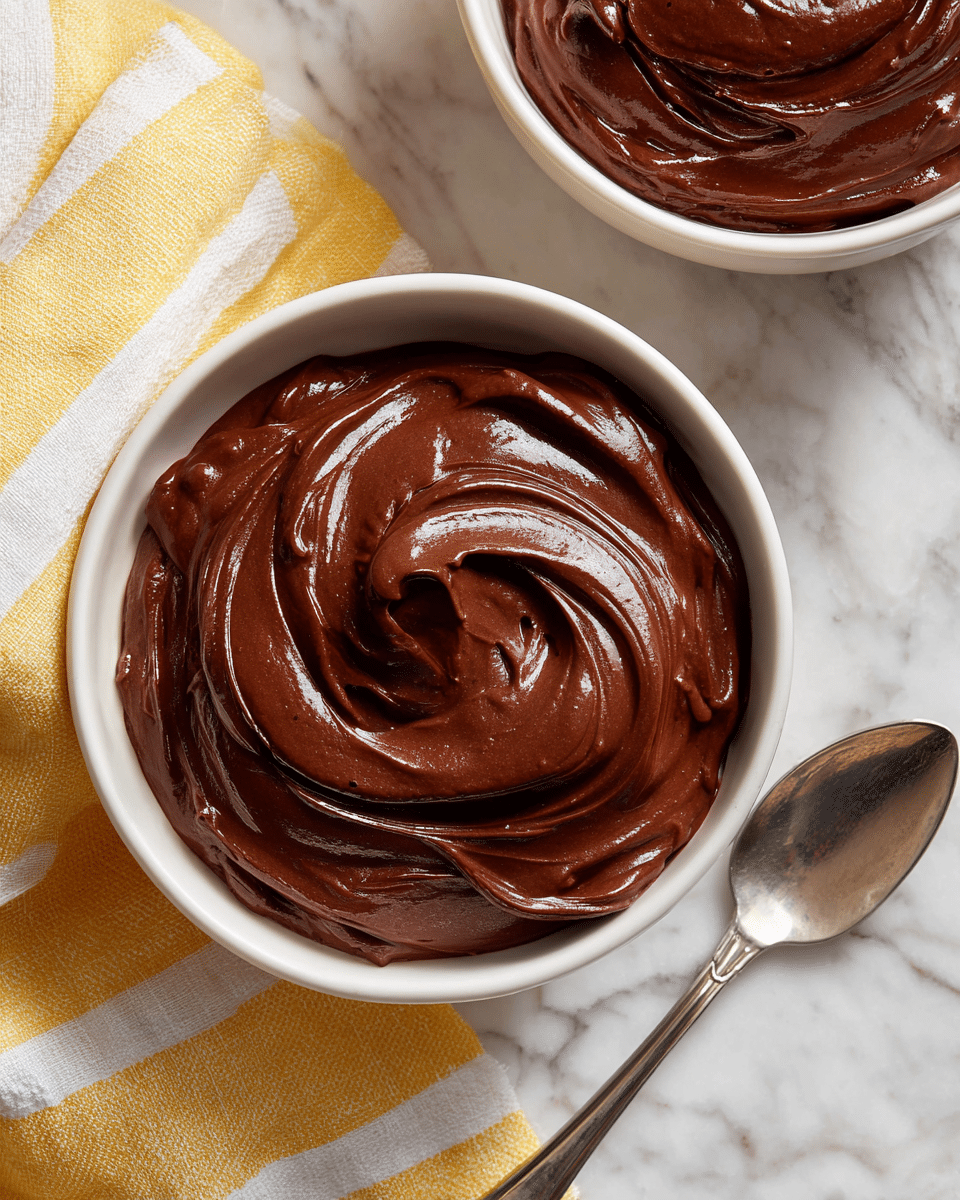 The image shows a white bowl filled with a thick, smooth, and glossy dark brown chocolate mousse, with soft swirls on the surface creating a creamy texture. The bowl sits on a white marbled texture with a yellow striped cloth underneath. To the right side of the bowl, a silver spoon is placed partially under it. Another similar bowl with the same chocolate mousse is partially visible in the top right corner. Photo taken with an iphone --ar 4:5 --v 7