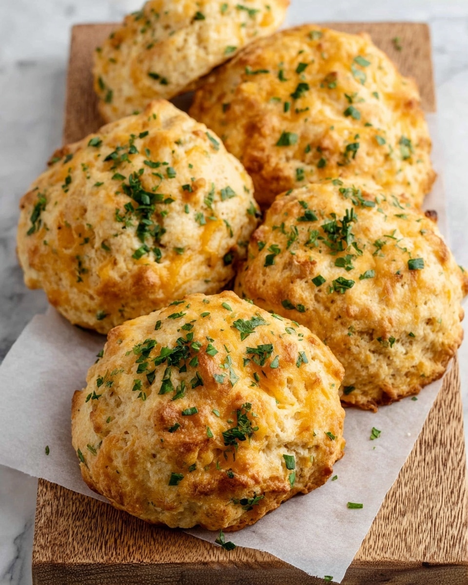 The image shows five round, golden-brown cheesy biscuits sprinkled with chopped green herbs on their tops. The biscuits have a rough, crumbly texture with bits of melted cheese peeking through. They are placed close together on white parchment paper, which is laid on a wooden cutting board. The scene sits on a white marbled surface, giving a clean, fresh look. Photo taken with an iphone --ar 4:5 --v 7
