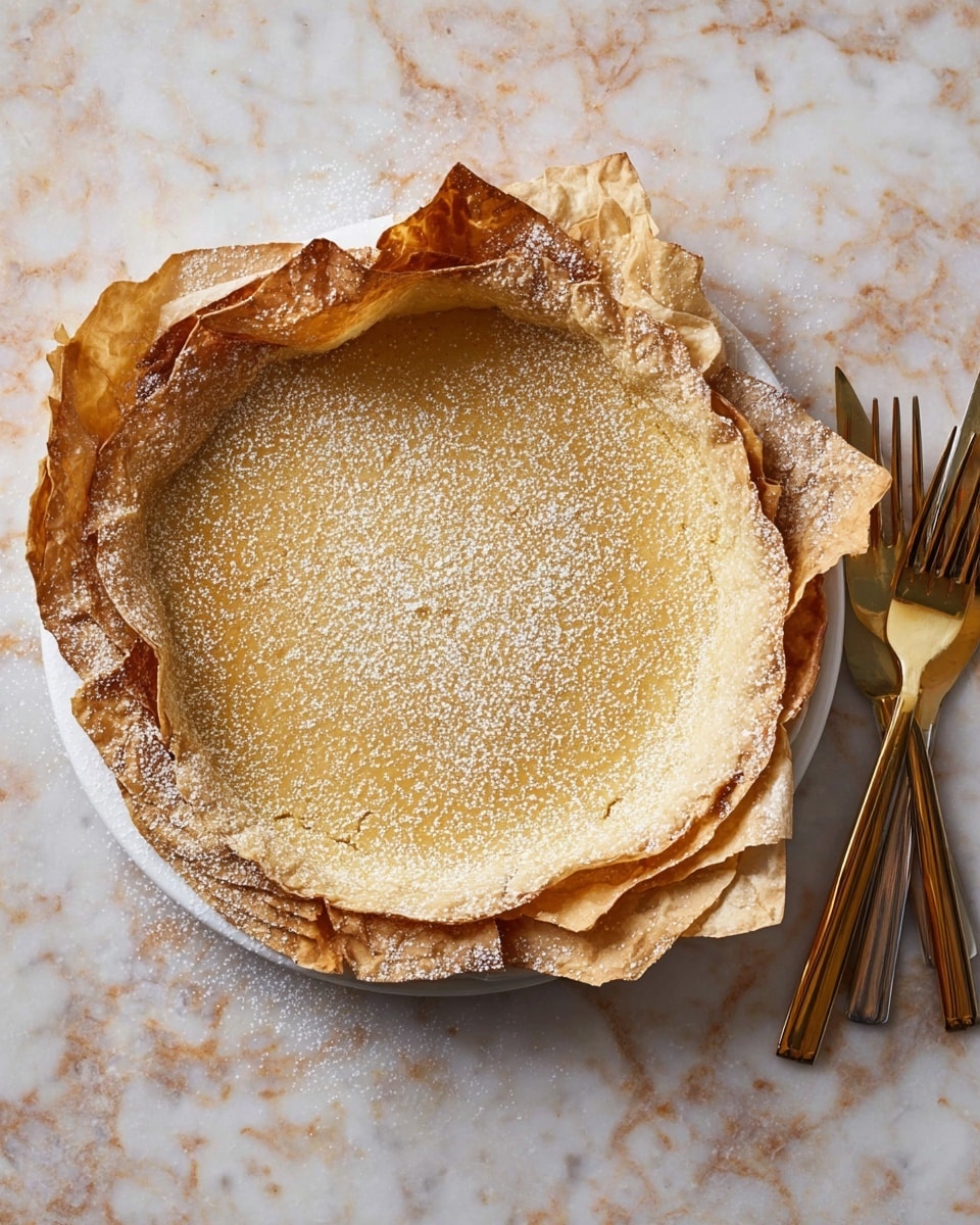 A round pie with a golden brown, smooth custard-like filling in the center sits on a white plate. The pie has multiple layers of thin, crispy, flaky pastry sheets around the edges that fold unevenly outward, dusted with white powdered sugar. The pie is placed on a white marbled surface, and to the right side, three gold forks with dark brown handles rest beside it. Photo taken with an iphone --ar 4:5 --v 7