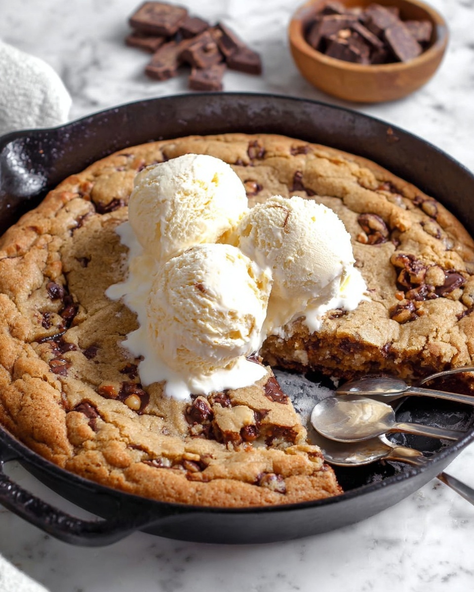 A large round baked cookie with a golden brown, slightly cracked surface fills a black cast iron skillet. The cookie has chunks of melted chocolate and bits of nuts embedded throughout its thick, chewy texture. On top, three scoops of creamy vanilla ice cream with visible vanilla bean flecks sit in the center, starting to melt slightly and drip onto the warm cookie beneath. Two silver spoons rest in the skillet near a missing slice, with ice cream melting on one spoon. The skillet is placed on a white marbled surface with a small wooden bowl of chocolate chunks blurred in the background. Photo taken with an iphone --ar 4:5 --v 7