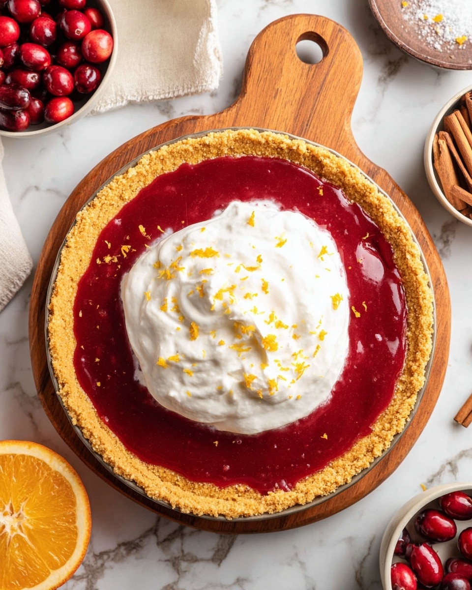 A tart with a golden, crumbly crust forms the bottom layer, filled with a thick, smooth, deep red layer of cranberry filling on top. In the center, a large dollop of fluffy, white whipped cream sits, sprinkled lightly with small orange zest pieces. The tart rests on a wooden board with a handle, placed on a white marbled surface. Around the tart are small bowls containing fresh red cranberries and some brown sticks, with a piece of orange and a grater nearby. Photo taken with an iphone --ar 4:5 --v 7
