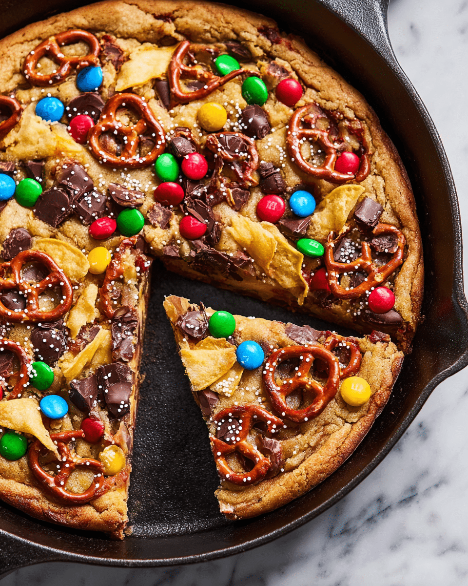 A thick, golden-brown cookie base baked in a black cast iron skillet forms the first layer, fresh and slightly crumbly in texture. On top of this cookie layer, colorful candy-coated chocolates in reds, greens, yellows, and blues are scattered, adding small pops of color. Large shiny pretzels with a rich reddish-brown tone and smooth texture are placed evenly across the surface. Light yellow potato chips with a crisp texture are layered between the pretzels. Chunky dark chocolate pieces with a glossy surface are embedded, partially melted into the cookie. Small white nonpareil sprinkles add a dotted texture scattered in between all the toppings. One triangular slice is cut out showing the warm thickness of the cookie and melty chocolate inside. The skillet sits on a white marbled texture. photo taken with an iphone --ar 4:5 --v 7