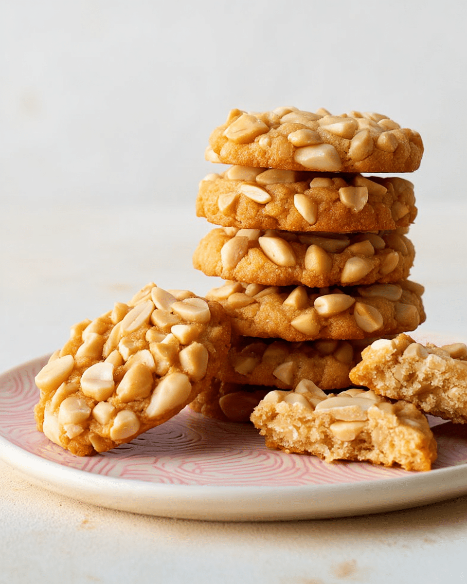 A stack of six round pine nut cookies, golden brown with a slightly crispy texture, sits stacked unevenly on a white plate with a soft pink swirl pattern. Each cookie is covered with whole, light beige pine nuts that create a rough, bumpy surface. Next to the plate, two broken cookie pieces reveal a soft, moist inside that is a pale beige color. The scene is set against a white marbled textured surface and a plain, light background. photo taken with an iphone --ar 4:5 --v 7