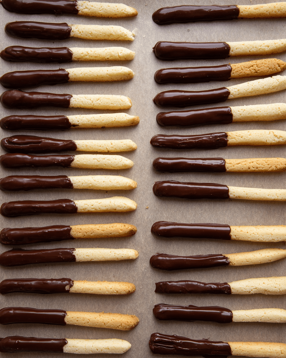 A collection of thin, stick-shaped cookies are arranged in rows on a sheet of parchment paper over a white marbled surface. Each cookie is about two layers: one side is a pale, slightly rough cookie dough, and the other side is coated in a smooth, glossy dark chocolate with a rich, shiny texture. The chocolate covers roughly half the length of the cookie sticks, with the uncovered cookie dough exposed in a straight line on the other half. The cookies are uniformly shaped but have slight variations in the chocolate coverage and cookie dough edges. Photo taken with an iphone --ar 4:5 --v 7