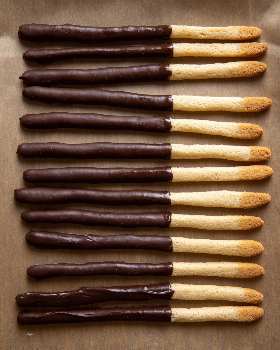 The image shows about fifteen thin, stick-shaped cookies neatly placed side by side on a sheet of brown parchment paper. Each cookie is partially dipped in dark, shiny chocolate, covering about half its length, while the other half remains plain and light beige in color with a slightly rough texture. The chocolate covers either the left or right half of the sticks in a smooth, glossy layer, contrasting with the matte appearance of the plain cookie. The sticks lie flat in rows on the parchment paper, creating a simple yet tidy pattern. Photo taken with an iphone --ar 4:5 --v 7