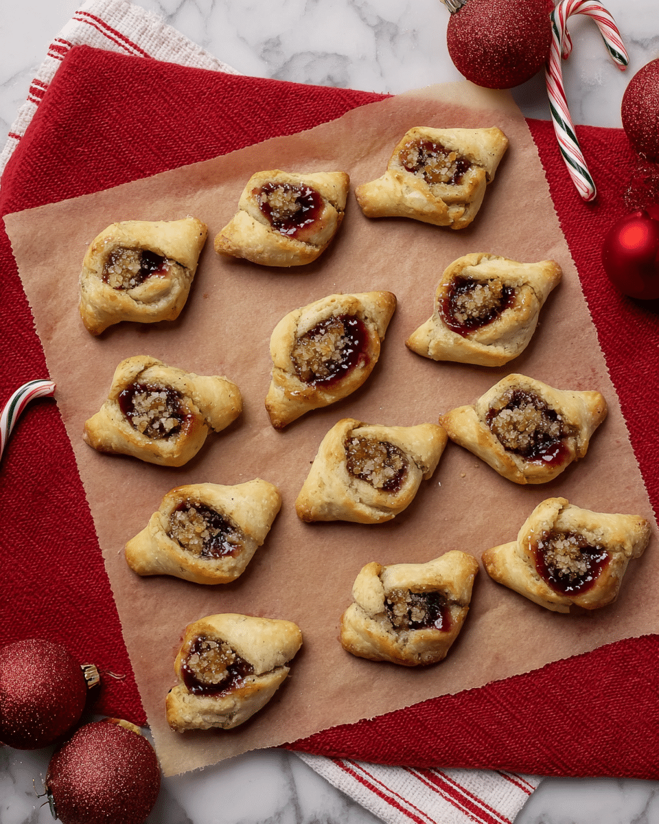 The image shows twelve small folded cookies on a sheet of parchment paper, each with a golden-brown outer layer and a visible dark red jam filling peeking through the folds. Some cookies have a glossy topping with a sprinkle of crushed nuts or sugar crystals, adding texture and a slight shine. The cookies are arranged casually on a red cloth, placed on a white marbled surface with a striped red and white cloth underneath. Candy canes and red ornaments are partially visible around the edges, giving a festive feel. photo taken with an iphone --ar 4:5 --v 7