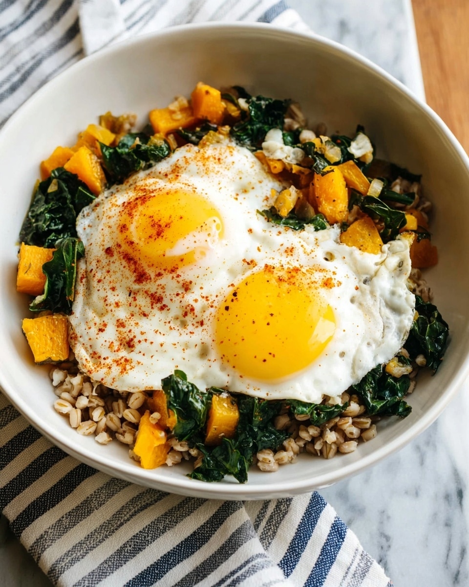 A white bowl filled with a base layer of cooked grains in light brown shades, mixed with a layer of bright orange roasted squash pieces and dark green chopped leafy vegetables. On top of these, two sunny-side-up eggs with bright yellow yolks and white cooked edges are placed, sprinkled with a small amount of red seasoning. There are a few melted white cheese strands scattered among the squash and greens. The bowl is set on a white marbled surface with a folded blue and white striped cloth nearby. photo taken with an iphone --ar 4:5 --v 7