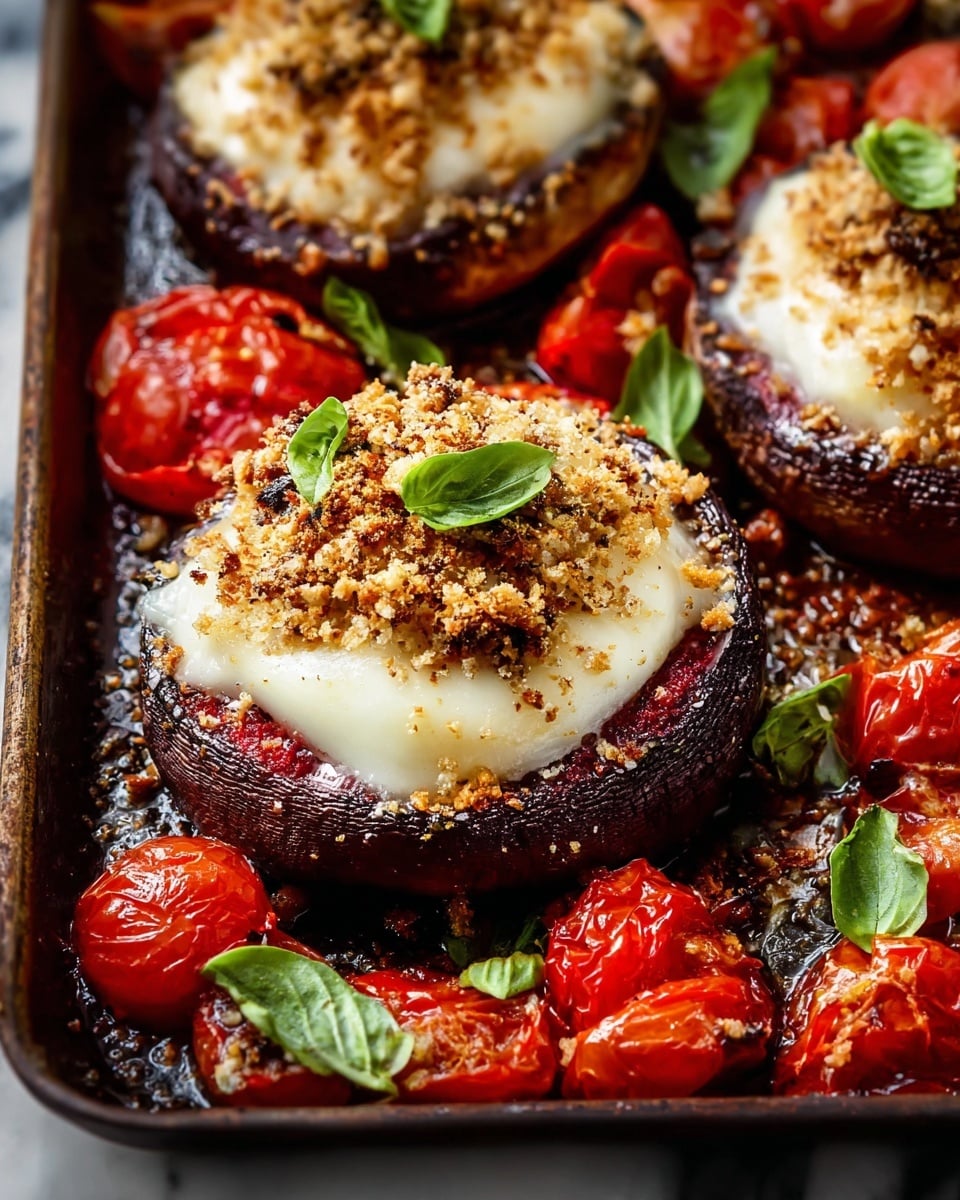 A baking tray holds six large portobello mushrooms, each layered with cooked tomato bases, topped with melted beige cheese slices, and finished with a golden-brown breadcrumb crust, sprinkled lightly with grated cheese. The mushrooms are surrounded by roasted halved cherry tomatoes and scattered fresh green basil leaves, adding bright color contrast. Two bowls with crumb topping and grated cheese sit on the sides, resting on a white marbled surface. A woman’s hands with red nail polish grip the edges of the tray, and a wooden spoon rests inside the tray. photo taken with an iphone --ar 4:5 --v 7