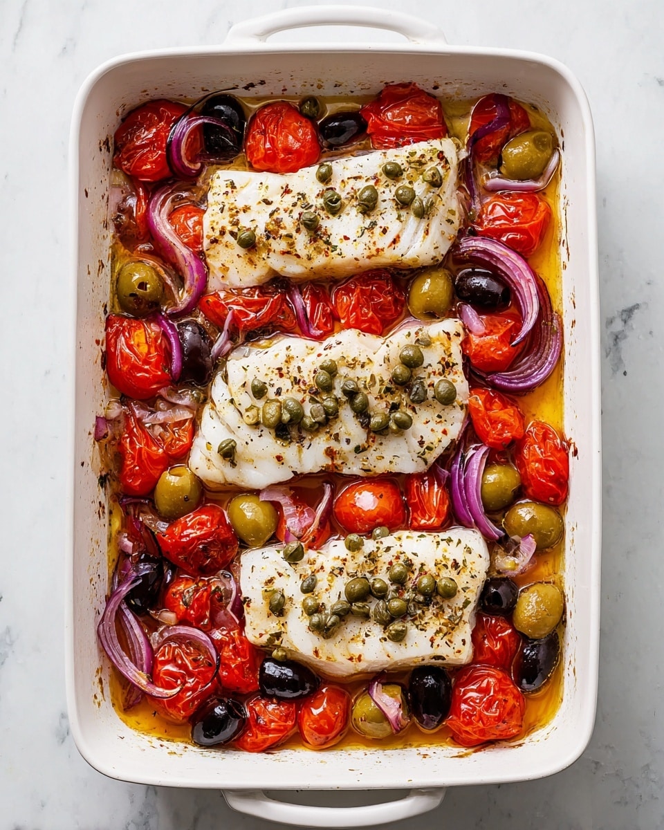 A white rectangular baking dish holds four pieces of white fish fillets, each topped with small green capers and black pepper. The fish rests on a bed of shiny red cherry tomatoes, green olives, black olives, and thin rings of purple-red onions. The vegetables are cooked and look juicy, with a light broth pooling at the bottom. The edges of the dish show slight browning from cooking. The background is a white marbled texture. Photo taken with an iphone --ar 4:5 --v 7