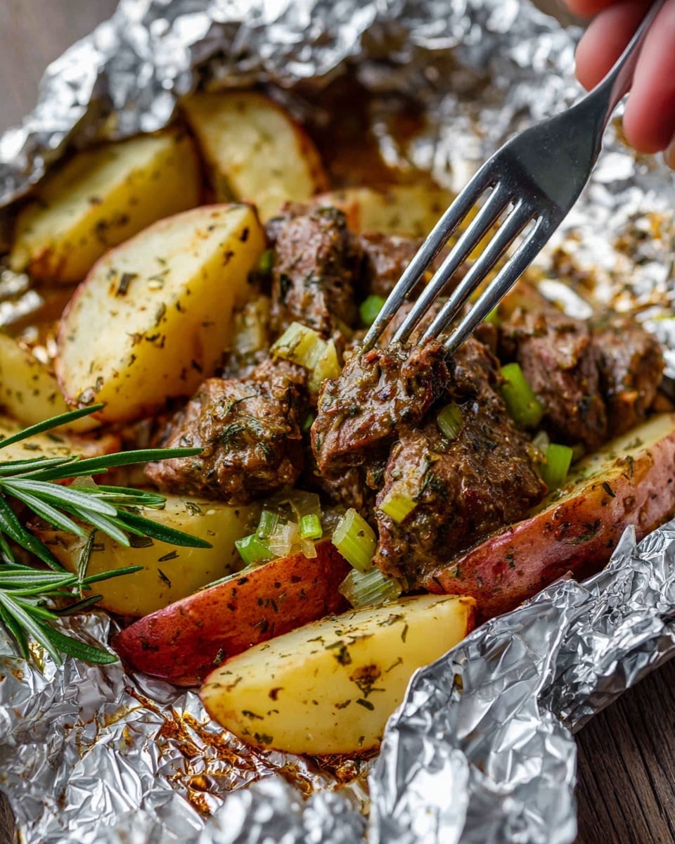 The image shows a foil packet meal with cooked meat chunks as the main layer, covered in a peppered herb sauce with small bits of chopped green celery scattered on top. Surrounding the meat are thick-cut, roasted red potato wedges, pale inside with reddish skin edges, sprinkled with green herbs. A sprig of fresh rosemary lies across the center, adding a rustic touch. A woman’s hand is holding a metal fork, piercing a piece of the meat. The foil has a crumpled silver texture around the food, reflecting some light. The scene has the look of a close, warm, and cozy meal. photo taken with an iphone --ar 4:5 --v 7