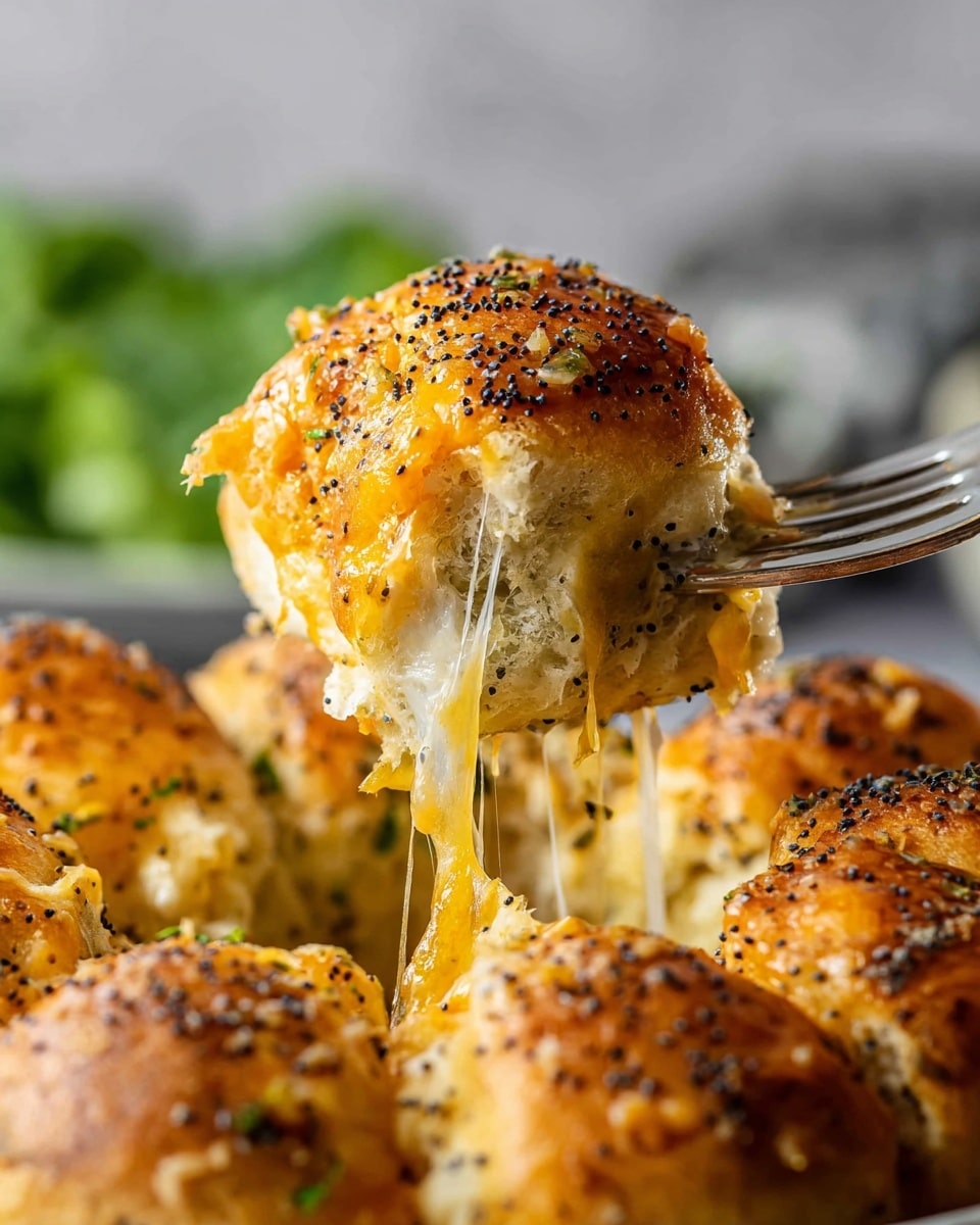 A close-up view of a pull-apart bread ball covered with a melted, gooey layer of golden-yellow cheese sprinkled with black poppy seeds. The bread ball's top is lightly browned and textured with a crunchy look. Strings of melted cheese stretch down to a cluster of similar bread balls beneath, all showing a mix of creamy cheese and golden-brown crusts. A silver fork lifts the bread ball against a softly blurred green leafy background on a white marbled surface. photo taken with an iphone --ar 4:5 --v 7