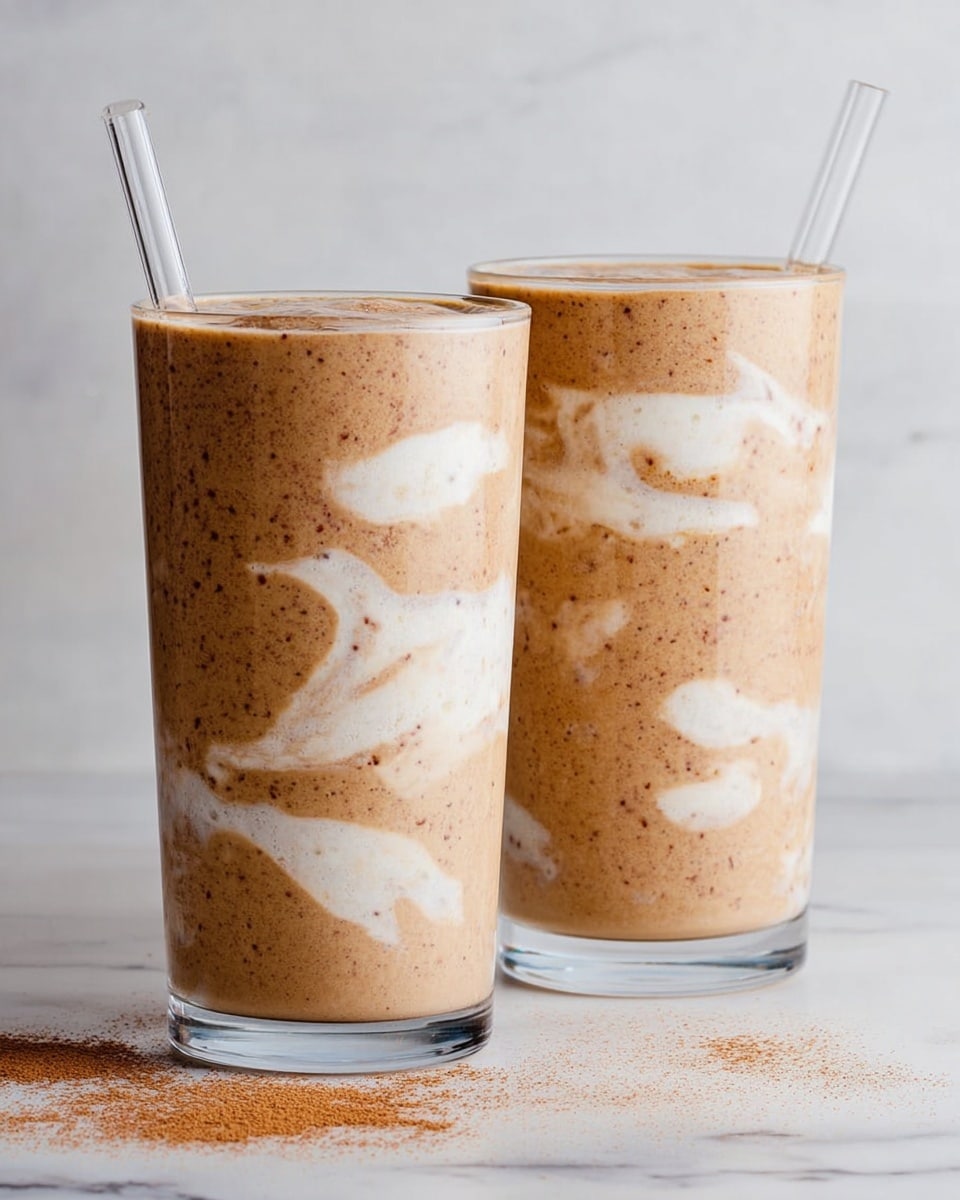 Two tall clear glasses sit on a white marbled surface with a white marbled backdrop. Each glass holds a creamy brown thick smoothie with visible tiny dark specks throughout and spotted white swirls mixed inside in irregular oval shapes. The colors alternate inside the glass between light brown and white patches, creating a marbled effect. The smoothies are topped with clear straws. There is some brown powder scattered lightly on the surface near the front glass. photo taken with an iphone --ar 4:5 --v 7