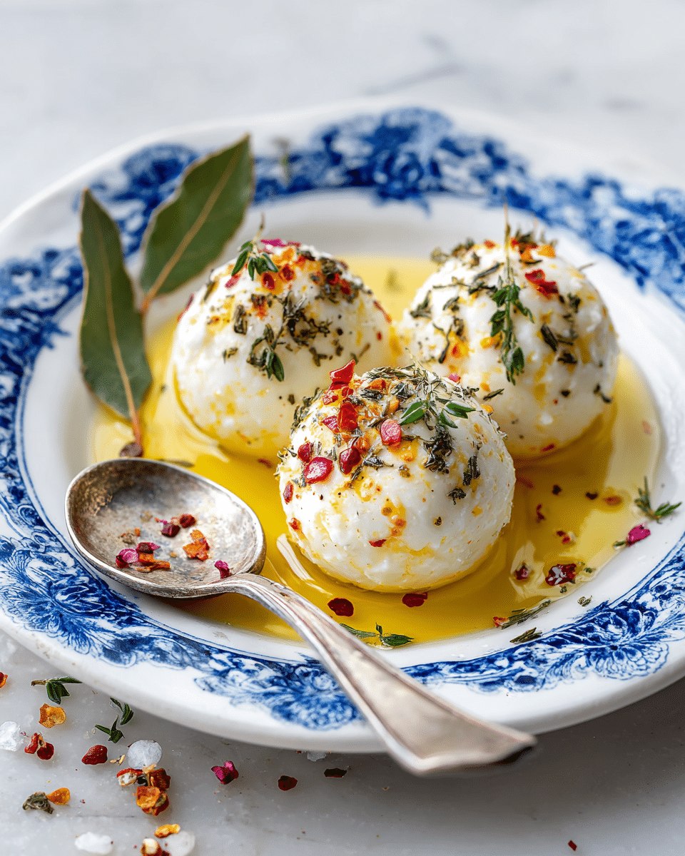 A white plate with blue floral edges holds three small round white cheese balls, each topped with different spices: one with dried herbs, one with red pepper flakes, and one with pink peppercorns. The cheese balls sit in a shallow pool of golden olive oil that shines in the light. There are two small green herb sprigs placed on and near the cheese, along with a single bay leaf on the left side of the plate. A silver spoon rests on the plate under the cheese balls. The plate is placed on a white marbled texture, with scattered spices and herbs visible around it. photo taken with an iphone --ar 4:5 --v 7