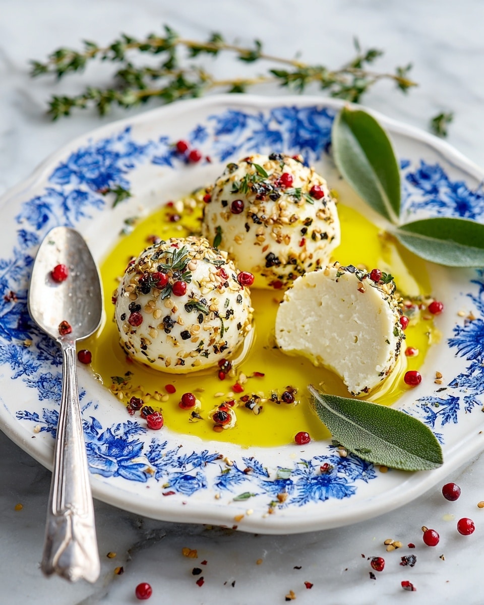 Three white cheese balls sit on a white plate with a blue floral pattern around the edges. The cheese balls are covered in small seeds and red peppercorns, with two cheese balls sliced in half showing their soft, smooth texture inside. They rest in a pool of yellow olive oil. A silver knife lies on the plate near the bottom, partially covered by the oil. A green bay leaf and fresh green thyme sprigs are placed around the cheese balls and on the white marbled textured surface beneath the plate. Scattered seeds and red peppercorns add detail to the scene. Photo taken with an iphone --ar 4:5 --v 7