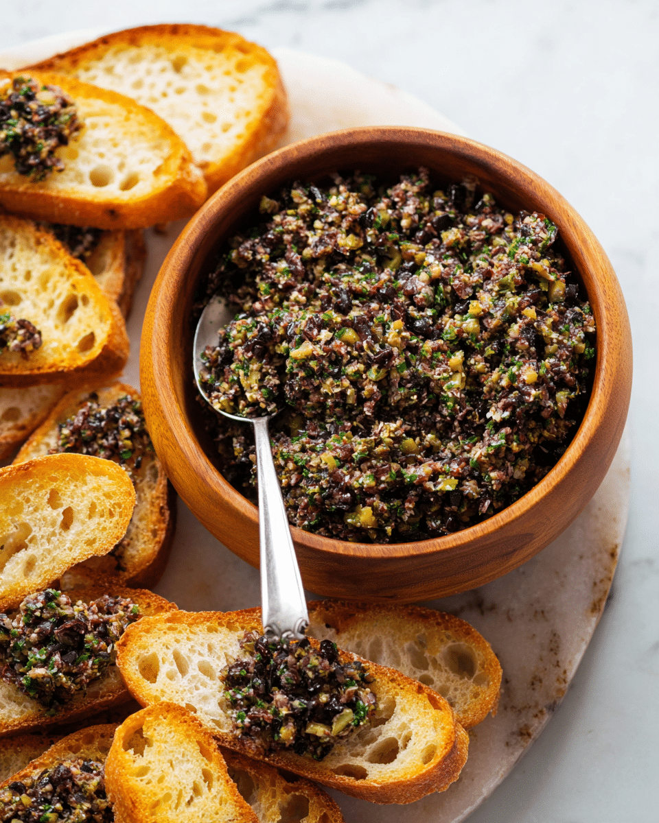 A round wooden bowl is filled with a chunky mix of finely chopped green and black olives, herbs, and nuts, showing a rough and textured surface with flecks of green, purple, and brown. A silver spoon rests inside the bowl, partially covered by the olive mixture. Around the bowl on a light wooden board, there are several slices of toasted bread, each golden brown with a crisp texture and small holes, some topped with a spread of the olive mixture. The whole setting is on a white marbled surface. photo taken with an iphone --ar 4:5 --v 7