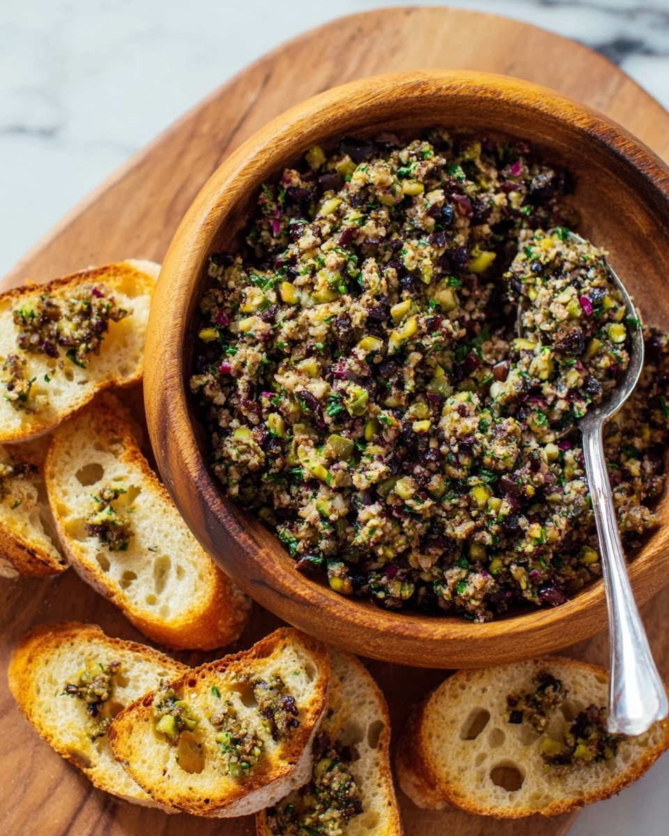 A round wooden bowl filled with a chunky olive tapenade mixture showing finely chopped green and black olives mixed with herbs, giving a speckled texture of dark purple, green, and light yellow colors. A silver spoon rests inside the bowl, leaning towards the front. Surrounding the bowl are several toasted slices of golden-brown bread with a crisp texture and holes typical of artisan bread, some topped with the tapenade. Everything is placed on a white marbled surface. Photo taken with an iphone --ar 4:5 --v 7