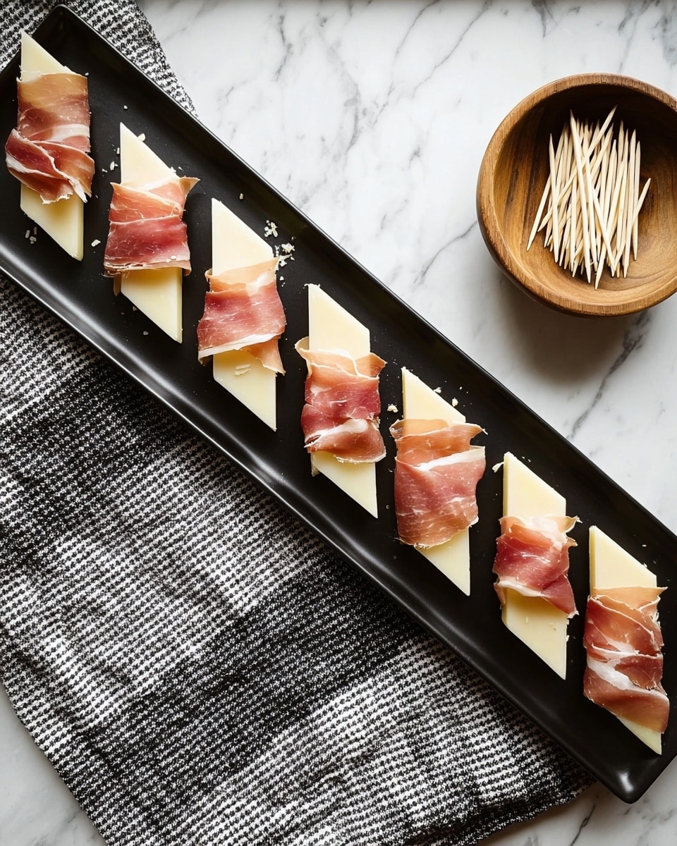 A black rectangular plate on a white marbled surface holds nine pieces of food arranged in a single row. Each piece has two layers: a large diamond-shaped base of pale yellow cheese with a smooth texture, topped with a loosely wrapped slice of thin, pinkish-brown cured meat showing slightly shiny fatty parts. Above and slightly set back from the plate, there is a round wooden bowl filled with standing toothpicks, resting on a loosely spread checkered cloth in black and white. photo taken with an iphone --ar 4:5 --v 7