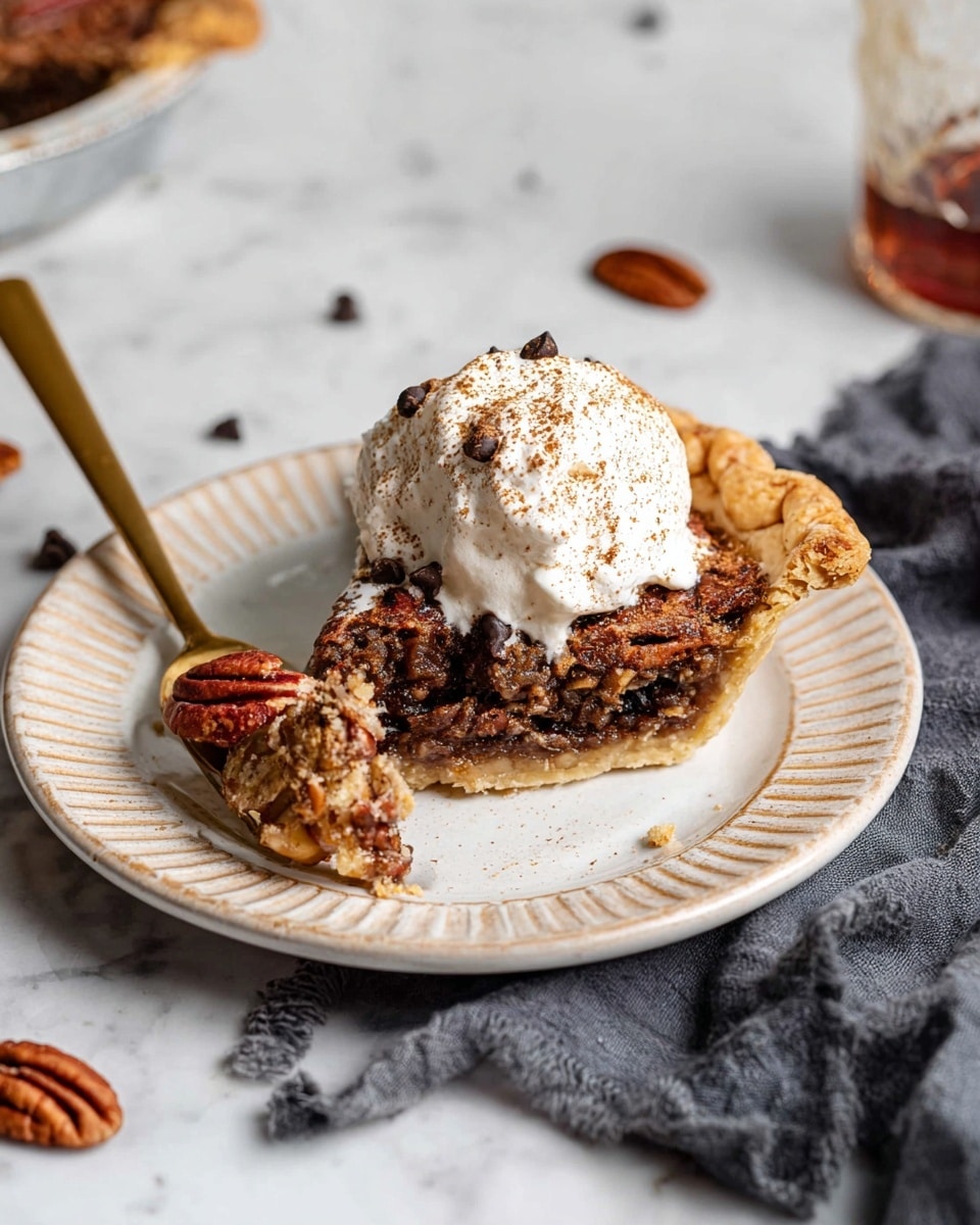 A slice of pecan pie sits on a white plate with a light beige patterned rim, placed on a white marbled surface. The pie has a golden, thick crust with a crinkled edge on the outer side. Its filling is a textured dark brown packed with crunchy pecans, including one whole pecan piece near the crust's edge. On top of the pie slice is a large dollop of whipped cream dusted with a fine layer of cinnamon and sprinkled with small dark chocolate chips. A gold fork is cutting into the filling on the left side of the slice, with whipped cream sticking on its prongs. A dark grey cloth is partly under the plate, and scattered pecans and chocolate chips are around on the surface. Photo taken with an iphone --ar 4:5 --v 7