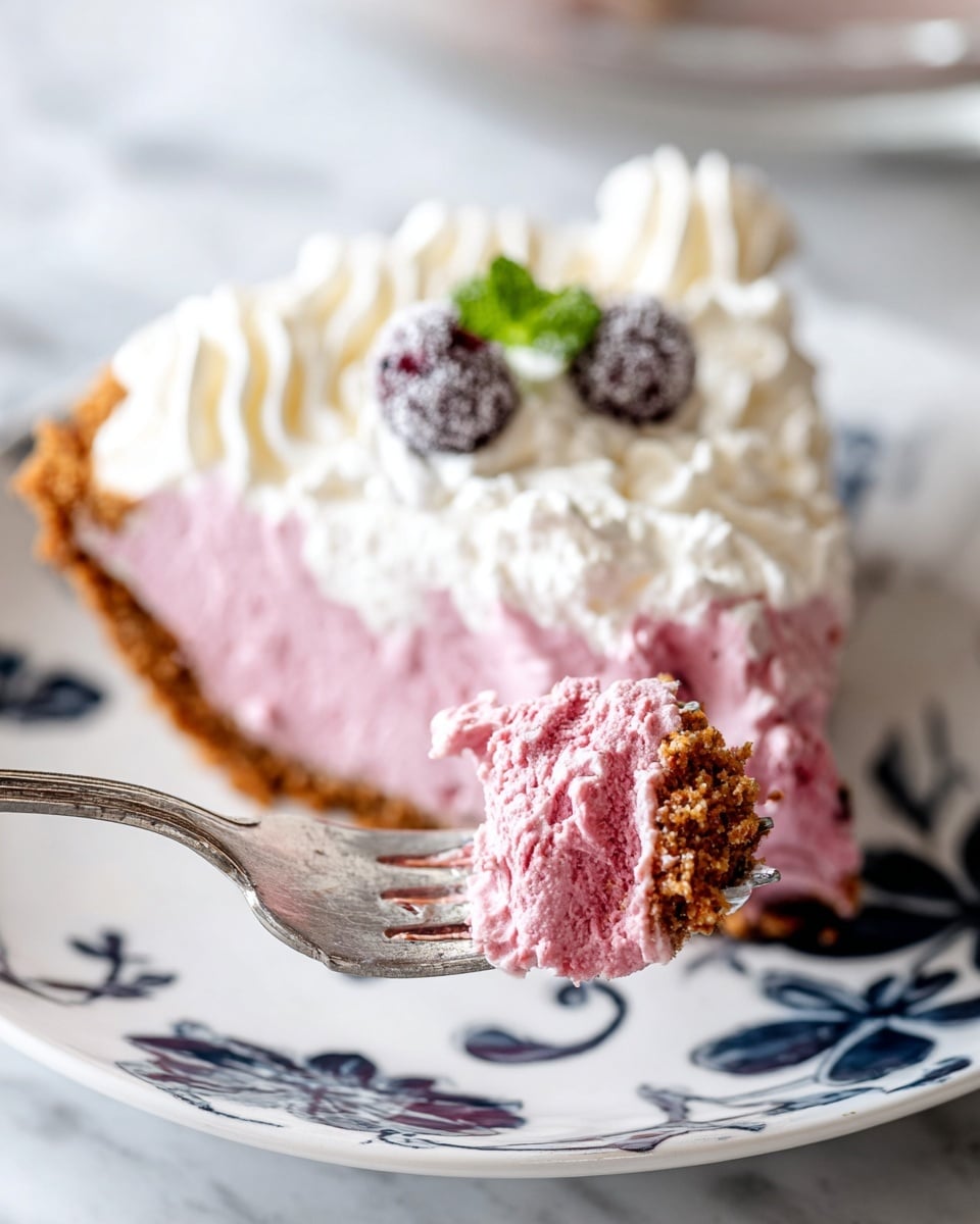 A slice of pie with three clear layers is shown on a white plate with a dark blue floral design; the bottom layer is a crumbly golden-brown crust, the middle layer is thick and creamy pink filling with a whipped texture, and the top layer is white whipped cream with soft swirls. On top, two sugared berries and a tiny green mint leaf add a decorative touch. A fork holds up a bite of the pink filling and crust in the foreground, set against a white marbled surface. Photo taken with an iphone --ar 4:5 --v 7