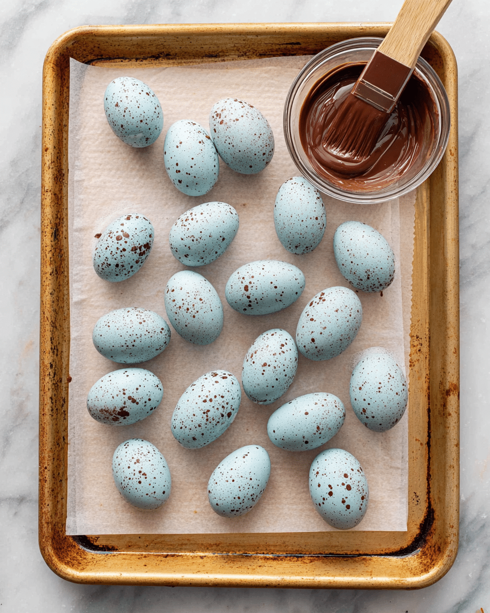A white ceramic tray holds twelve small eggs, each with a pale blue shell speckled with reddish-brown spots. One egg near the center is cracked open, revealing a smooth, light brown filling inside. The tray sits on a blue and white checkered cloth, with a few more whole and halved eggs scattered around it on the cloth. The overall look is neat and simple, with a soft color palette. photo taken with an iphone --ar 4:5 --v 7