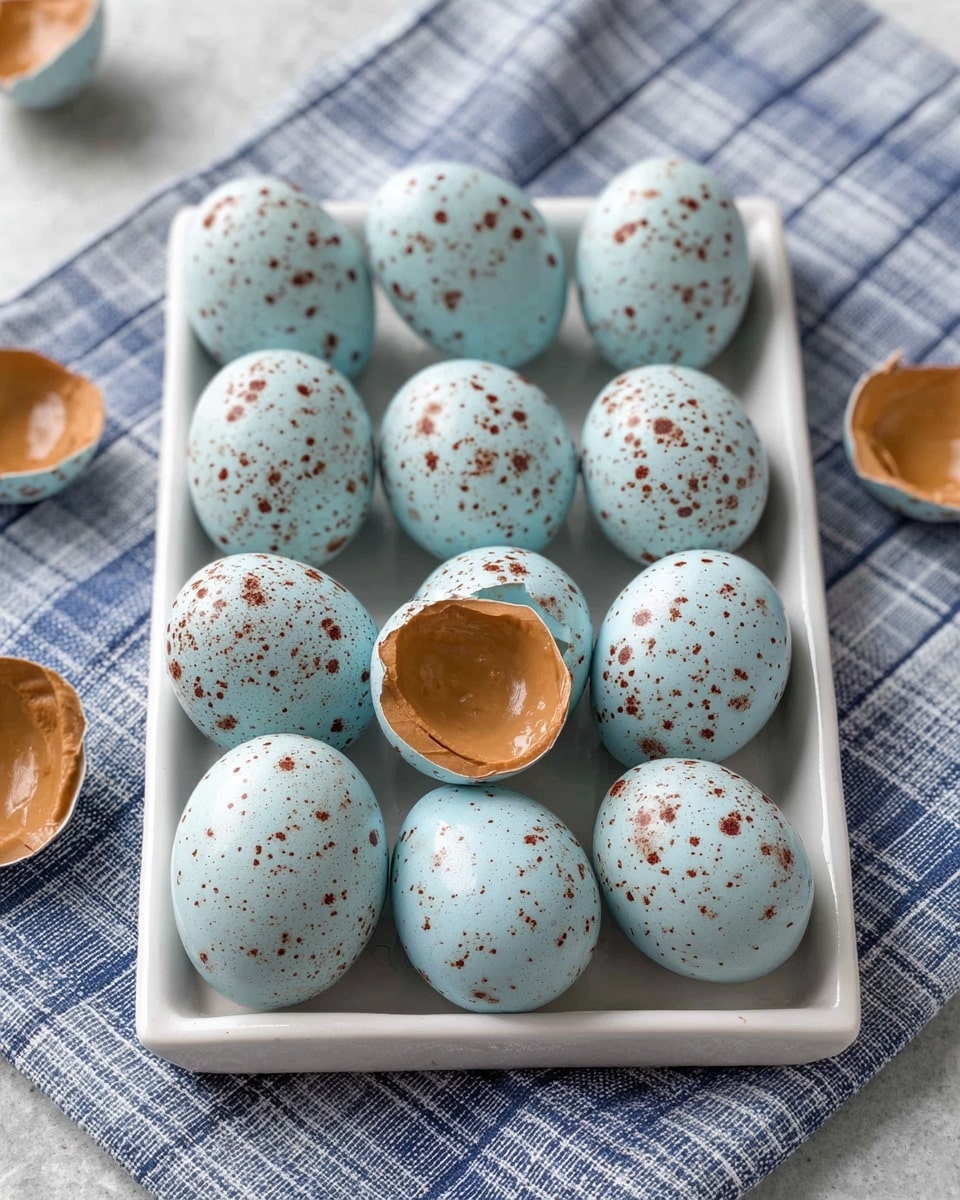 A baking tray lined with parchment paper rests on a white marbled surface. On the tray are fourteen small pale blue eggs, each speckled with dark brown spots. To the upper right side of the tray is a small clear glass bowl filled with melted chocolate, with a wooden brush resting on its edge, the brush's bristles dipped in chocolate. The tray's edges are golden brown and slightly worn. photo taken with an iphone --ar 4:5 --v 7