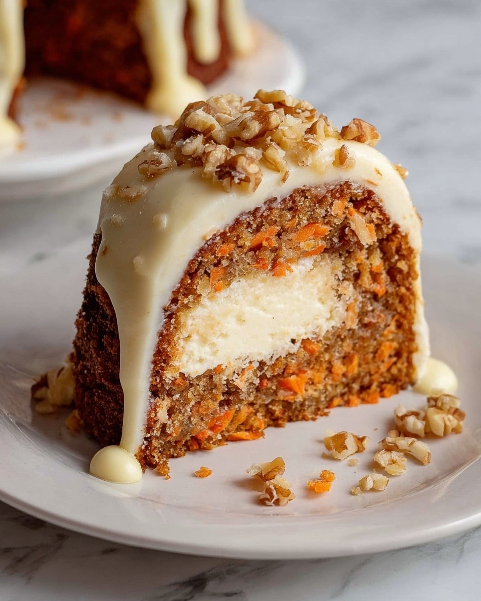 A round bundt cake with a dark brown outer layer sits on a wooden serving board. The cake has thick white icing dripping unevenly over the top and down the sides, with small pieces of chopped nuts sprinkled across the icing and scattered around the board. One slice is cut out showing three layers: a dark brown outer layer, a middle light brown textured layer, and a creamy white inner center. In the background, there are stacked white plates with gold-colored forks on top, all placed on a white marbled surface. photo taken with an iphone --ar 4:5 --v 7