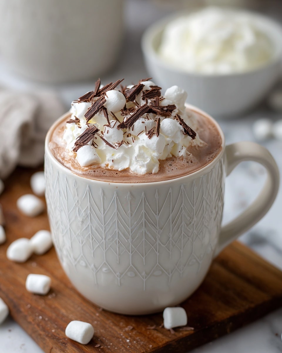 The image shows two white mugs filled with hot chocolate. Each mug has a base layer of rich, dark brown hot chocolate, topped with a thick layer of white whipped cream. On top of the whipped cream, there are small white mini marshmallows scattered around, along with thin dark chocolate shavings sprinkled evenly. The mugs have a subtle embossed pattern near the bottom and are placed on a wooden surface with more mini marshmallows scattered around. A blue bowl filled with mini marshmallows and a glass bowl filled with whipped cream are in the blurred background, all on a white marbled surface. photo taken with an iphone --ar 4:5 --v 7