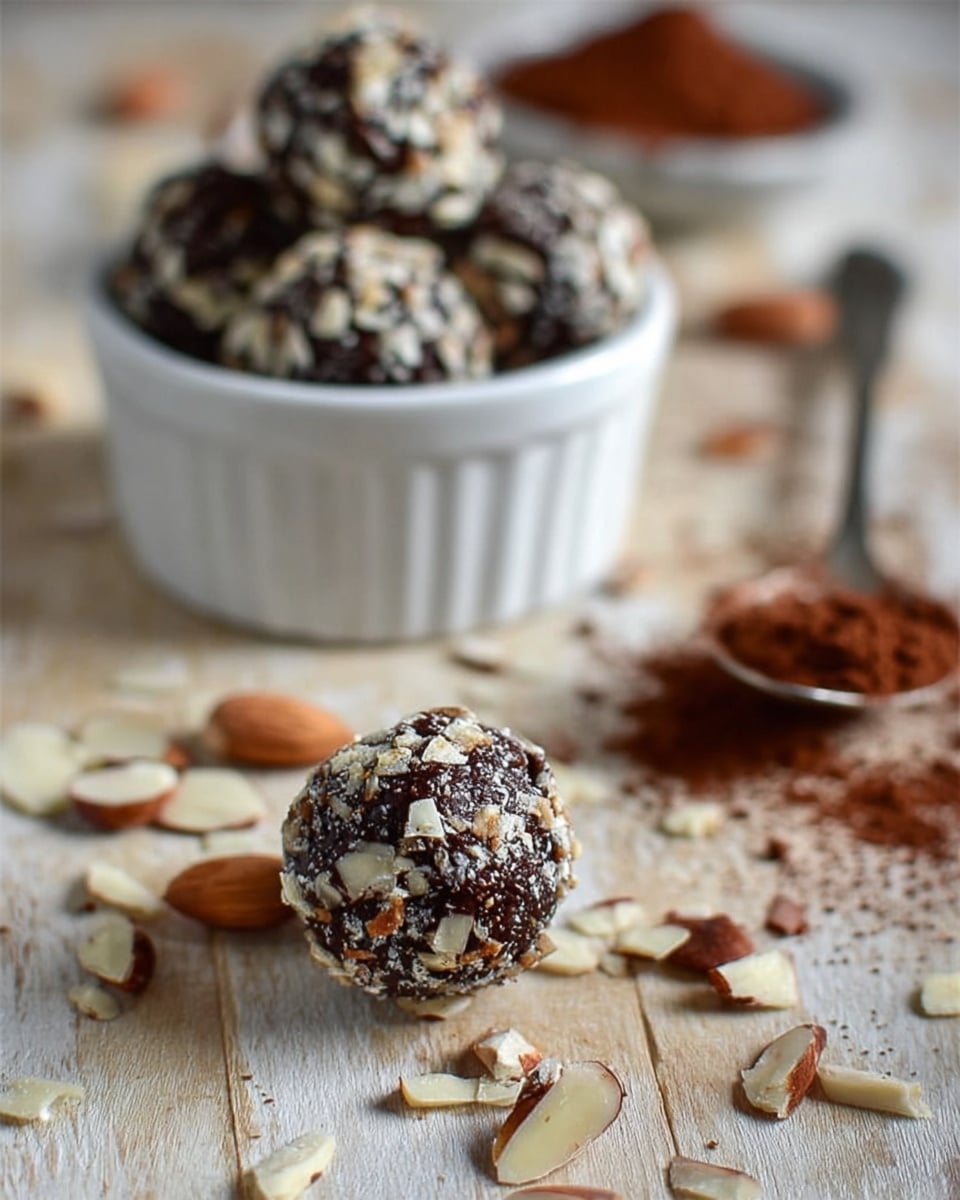 The image shows small round chocolate balls covered in small chopped almond pieces. There is one chocolate ball in the front on a wooden surface, surrounded by scattered chopped almonds. Behind it, a white bowl holds more chocolate almond balls. In the background, a spoon with cocoa powder rests on the white marbled surface. The setting gives a close, detailed look at the texture of the chocolate balls and the almonds, with the chocolate having a rough, slightly sticky look under the crunchy almond coating. Photo taken with an iphone --ar 4:5 --v 7
