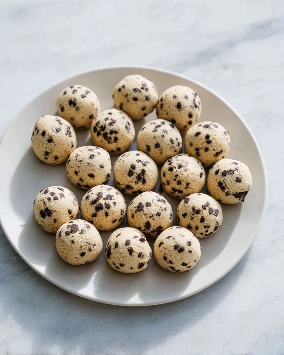 A white plate filled with about twenty small, round dough balls dotted evenly with dark chocolate chips, each ball having a light, rough texture and a pale beige color, arranged casually across the plate resting on a white marbled surface. photo taken with an iphone --ar 4:5 --v 7