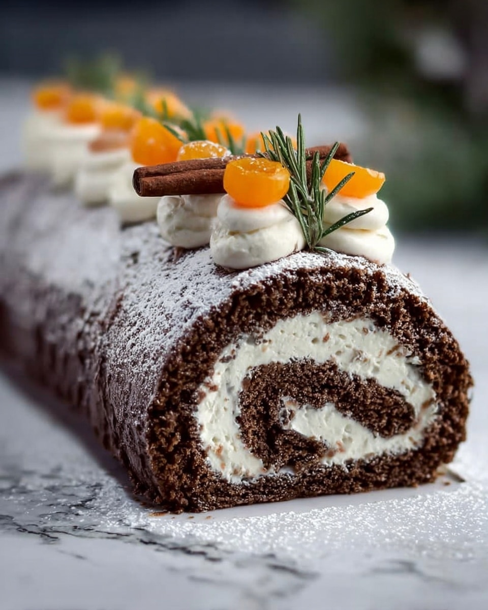A chocolate roll cake is shown with multiple visible layers: a dark brown chocolate sponge layer wrapped around a thick, smooth white cream filling, rolled into a spiral shape. The outer surface of the cake is dusted with white powdered sugar. On top, there are small round orange fruit slices spaced evenly, each paired with a sprig of green rosemary and dollops of white whipped cream. The cake is placed on a white marbled surface with soft lighting that highlights the textures and colors. photo taken with an iphone --ar 4:5 --v 7