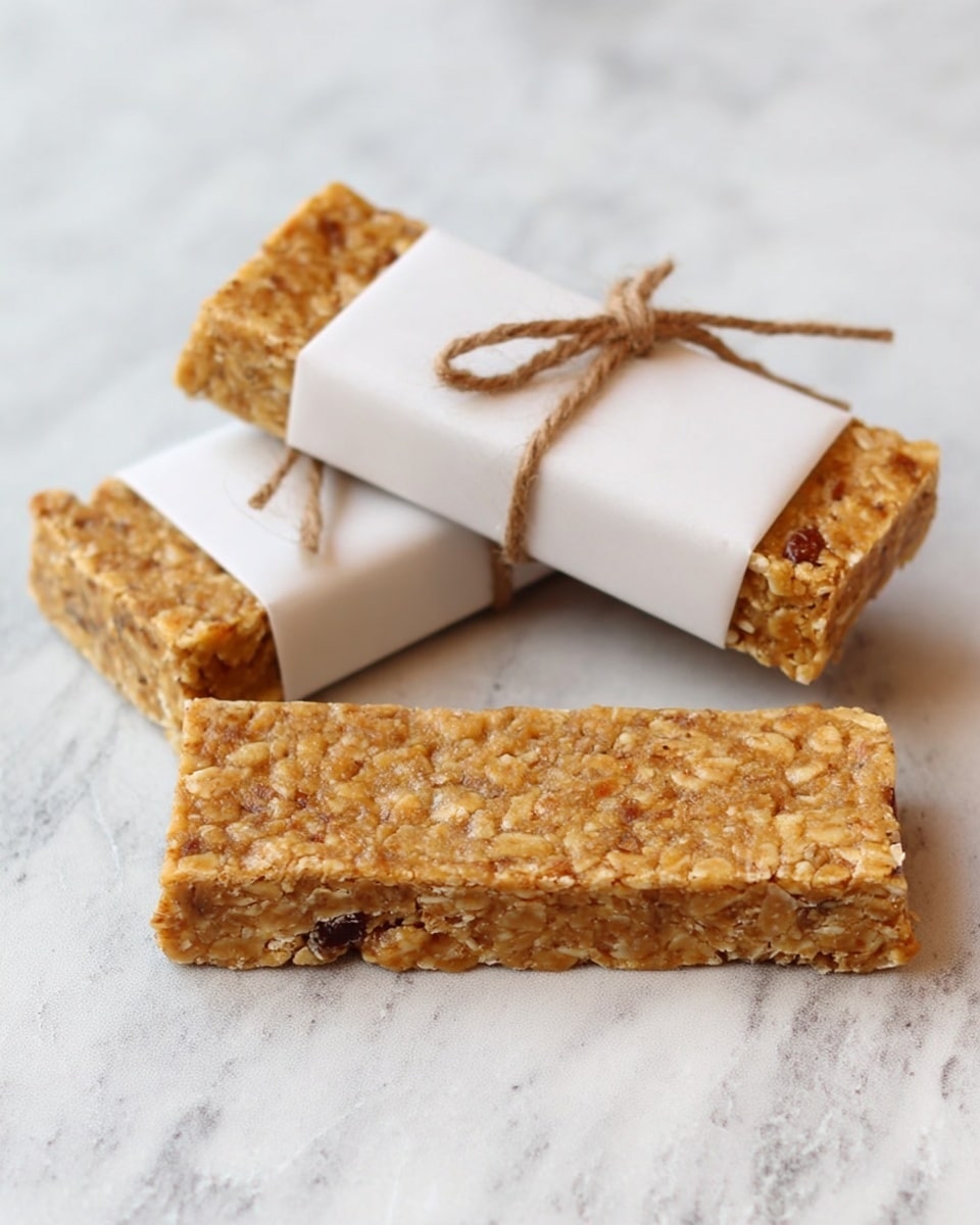 Three rectangular granola bars sit on a white marbled surface. The bar in the front layer is unwrapped, showing a golden-brown color with visible oat and nut pieces giving it a rough, crumbly texture. Behind it, two bars are wrapped in white paper sleeves tied with simple brown twine bows in the center, adding a rustic look. The bars have a firm, slightly uneven surface and appear dense but chewy. photo taken with an iphone --ar 4:5 --v 7