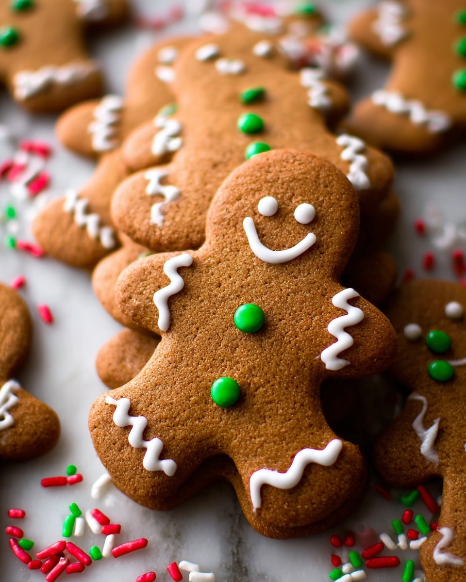 The image shows a close-up of several gingerbread cookies stacked on each other on a white marbled surface. The cookies are shaped like smiling people with smooth brown texture, decorated with white icing outlining the head, arms, and legs in zigzag patterns, plus eyes and smiles on their faces. Each cookie has three green round candy buttons down the center. Around the cookies, small red, green, and white sprinkles shaped like Christmas trees and rods are scattered, adding festive colors to the warm brown cookies. photo taken with an iphone --ar 4:5 --v 7