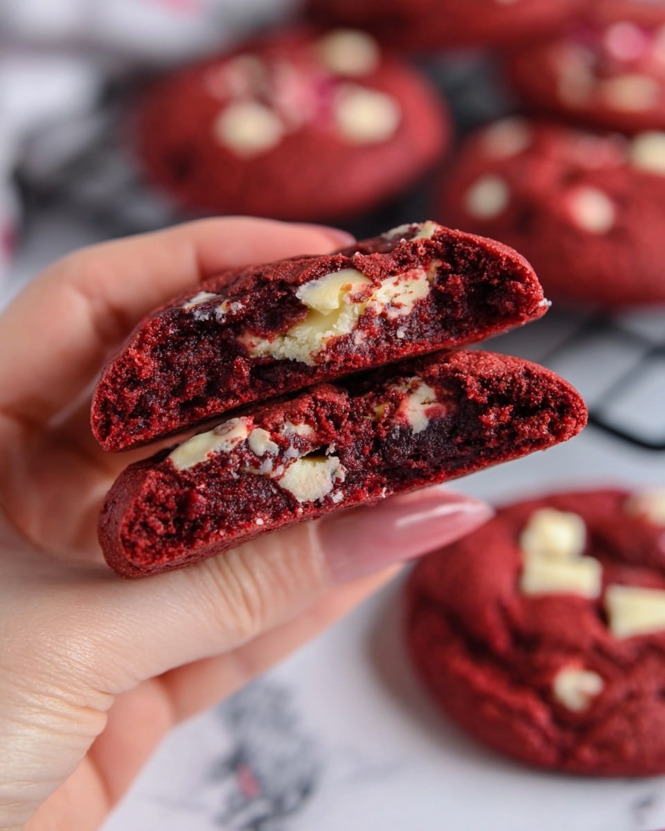 A close-up of a red velvet cookie broken in half, held between a woman's thumb and fingers. The cookie has two thick layers of deep red, soft, and moist texture with scattered white cream cheese chunks inside and on the surface. The edges are slightly rounded and firm. In the blurred background, more whole red velvet cookies with white chunks rest on a white marbled surface and a black cooling rack. photo taken with an iphone --ar 4:5 --v 7