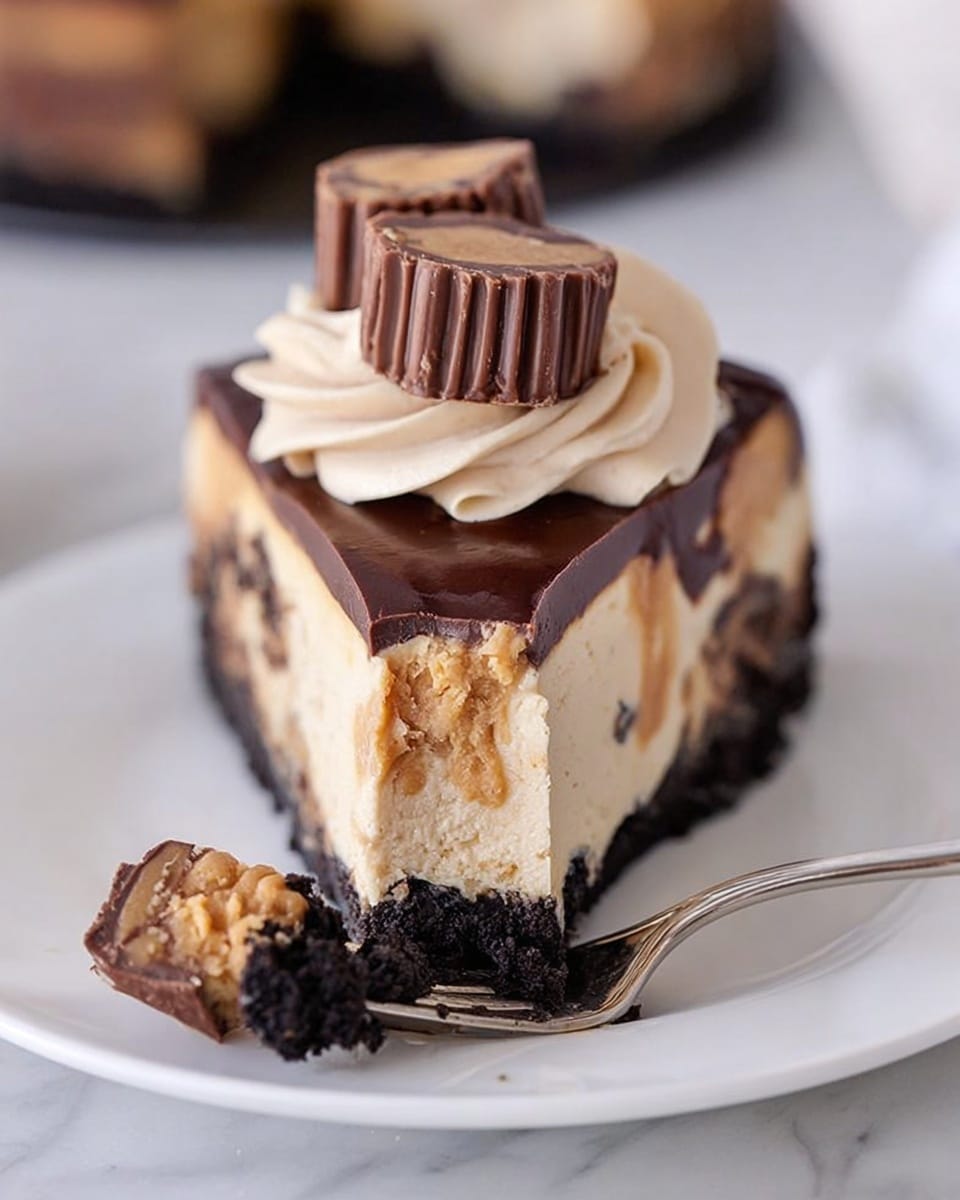 A slice of layered cheesecake sits on a white plate over a white marbled surface. The bottom layer is a dark chocolate cookie crust, thick and crumbly. Above this is a beige peanut butter cheesecake layer with visible swirls of chocolate, topped by a smooth and glossy dark chocolate ganache layer. On top of the ganache is a swirl of creamy light beige whipped topping, crowned with pieces of chocolate peanut butter cups stacked in the center. A fork rests on the plate holding a bite-sized piece showing all the layers clearly. Photo taken with an iphone --ar 4:5 --v 7