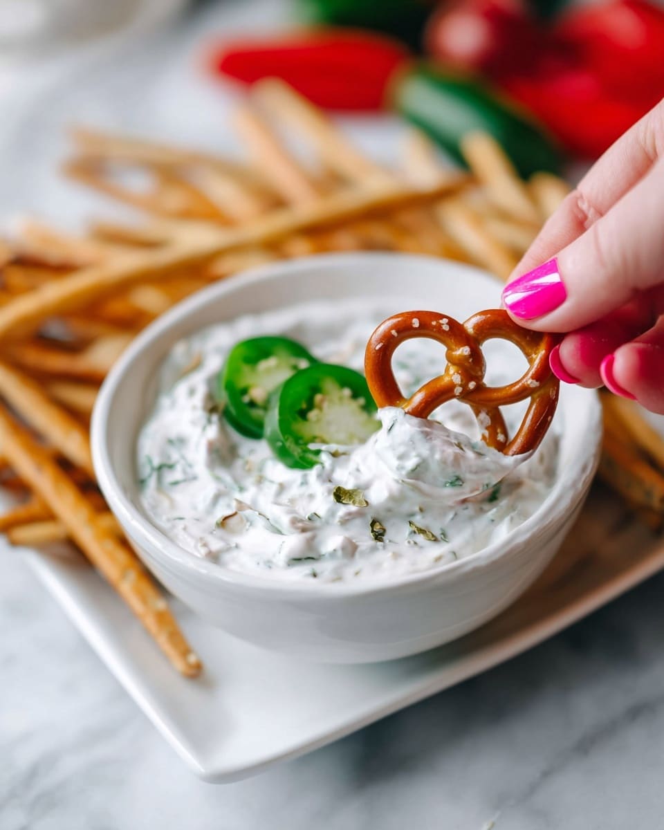 A close-up view shows a woman's hand with bright pink nail polish holding a brown pretzel partially dipped in a white creamy dip with green herb specks, inside a white bowl. The bowl is topped with two green jalapeño slices and sits on a white square plate. Around the plate are light brown breadsticks, and blurred red and green vegetables are in the background. The surface beneath is a white marbled texture. photo taken with an iphone --ar 4:5 --v 7