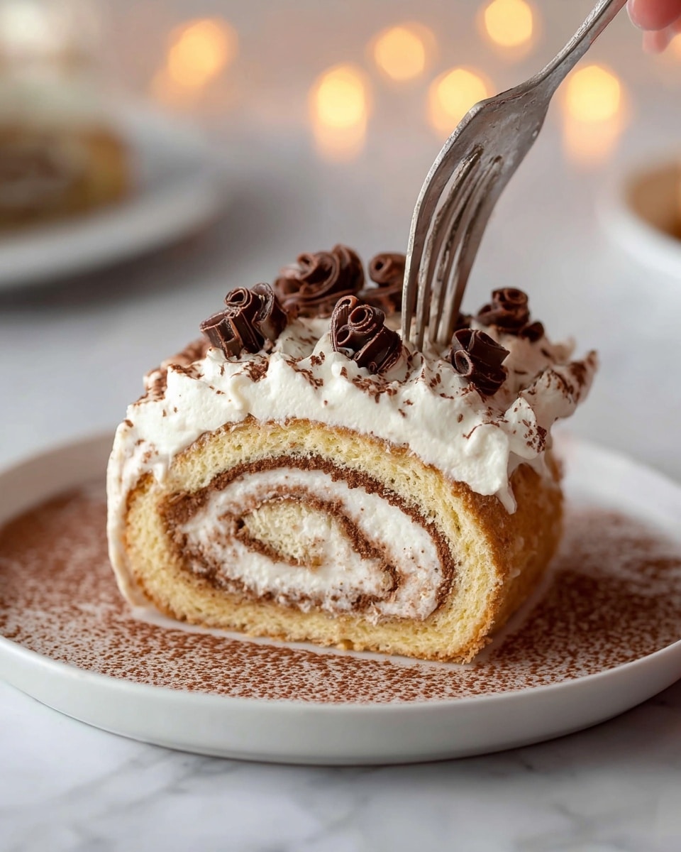 A slice of rolled cake sits on a white plate with a dusting of cocoa powder around it. The cake has three layers: a golden sponge base, a creamy white filling with a swirl of light brown, and a thick white cream layer on top dusted with cocoa powder. On top of the cream, there are dark chocolate curls arranged neatly. A silver fork is cutting into the cake from the right side. The background is blurred with small warm lights and a white marbled surface. Photo taken with an iphone --ar 4:5 --v 7