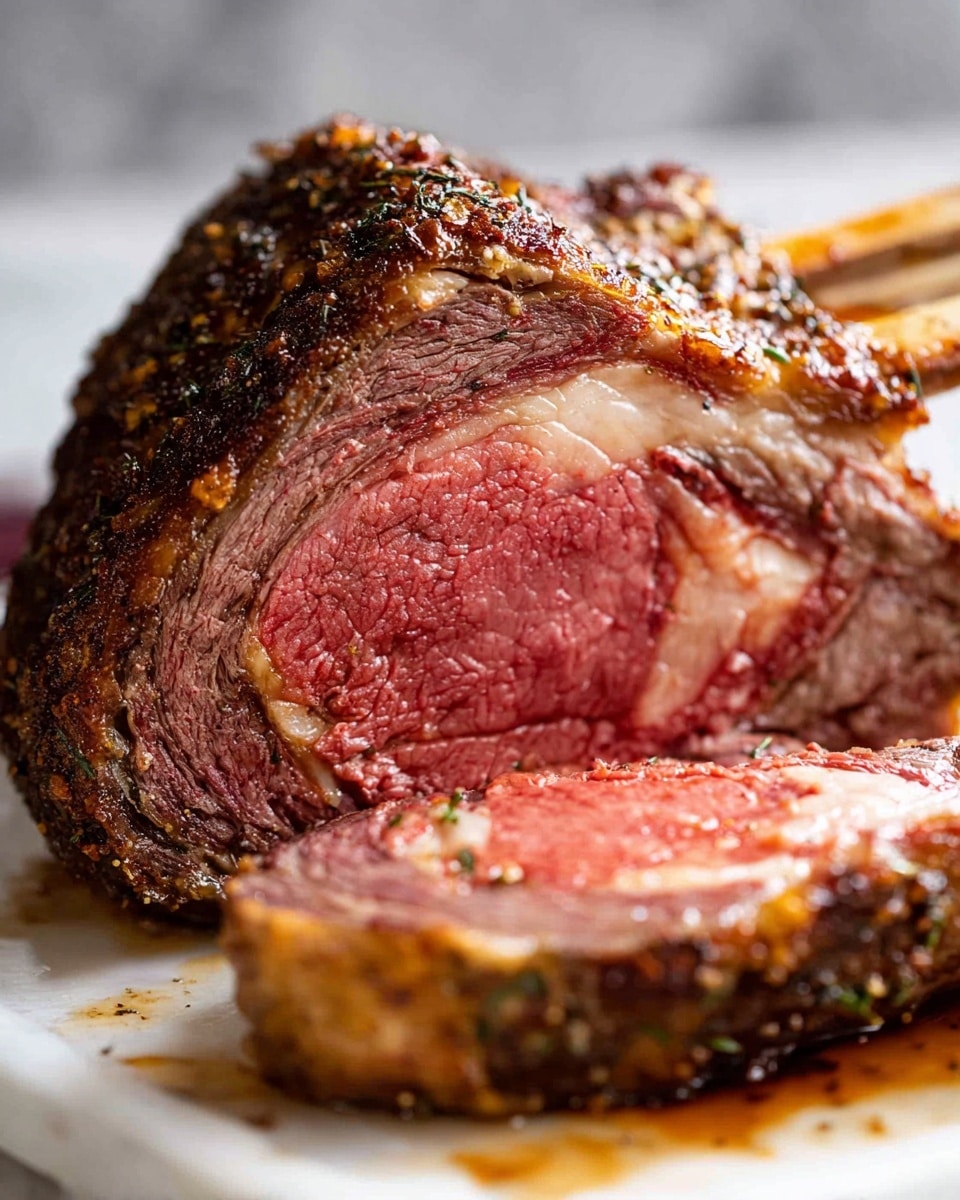 A close-up view of a juicy roasted meat on the bone, covered with a dark crust of spices and herbs, showing a mix of brown, black, and some shiny oily areas. The meat has two large bones visible at the bottom right. There is a green sprig of rosemary on top of the meat adding a fresh touch. To the left of the meat, there is a white sauce jug holding a dark brown sauce that looks rich and thick. Everything is set on a white plate, placed on a white marbled surface. photo taken with an iphone --ar 4:5 --v 7